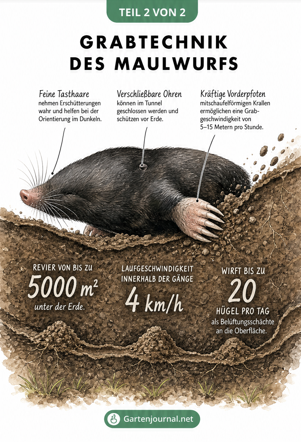 Illustration eines Maulwurfs beim Graben mit Fakten zu Grabgeschwindigkeit und Reviergröße