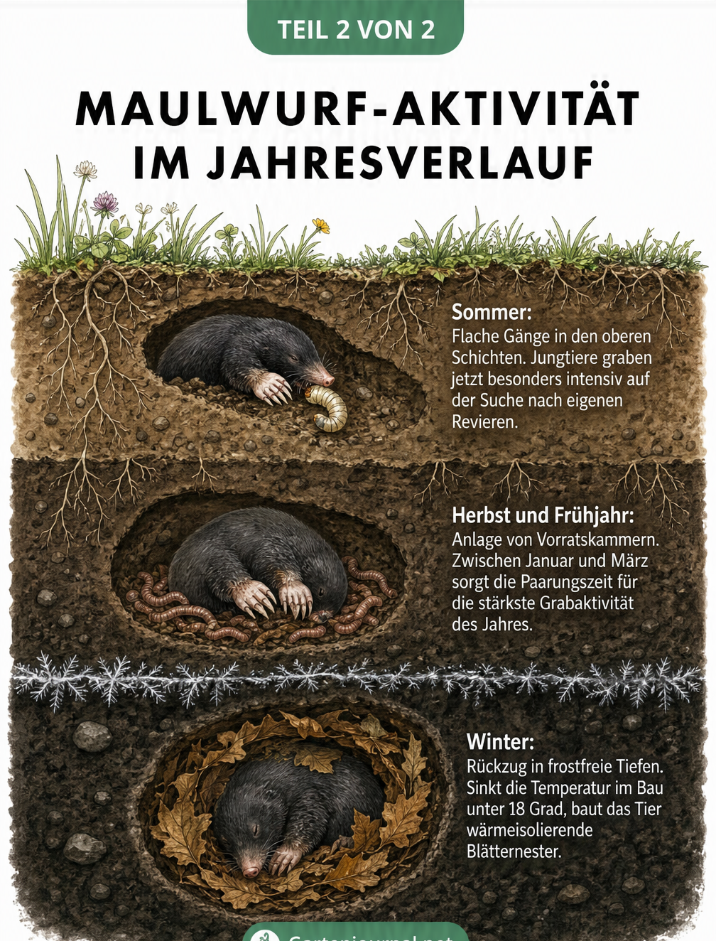 Querschnitt durch Erdschichten zeigt die Maulwurf-Aktivität im Sommer, Herbst und Winter je nach Temperatur