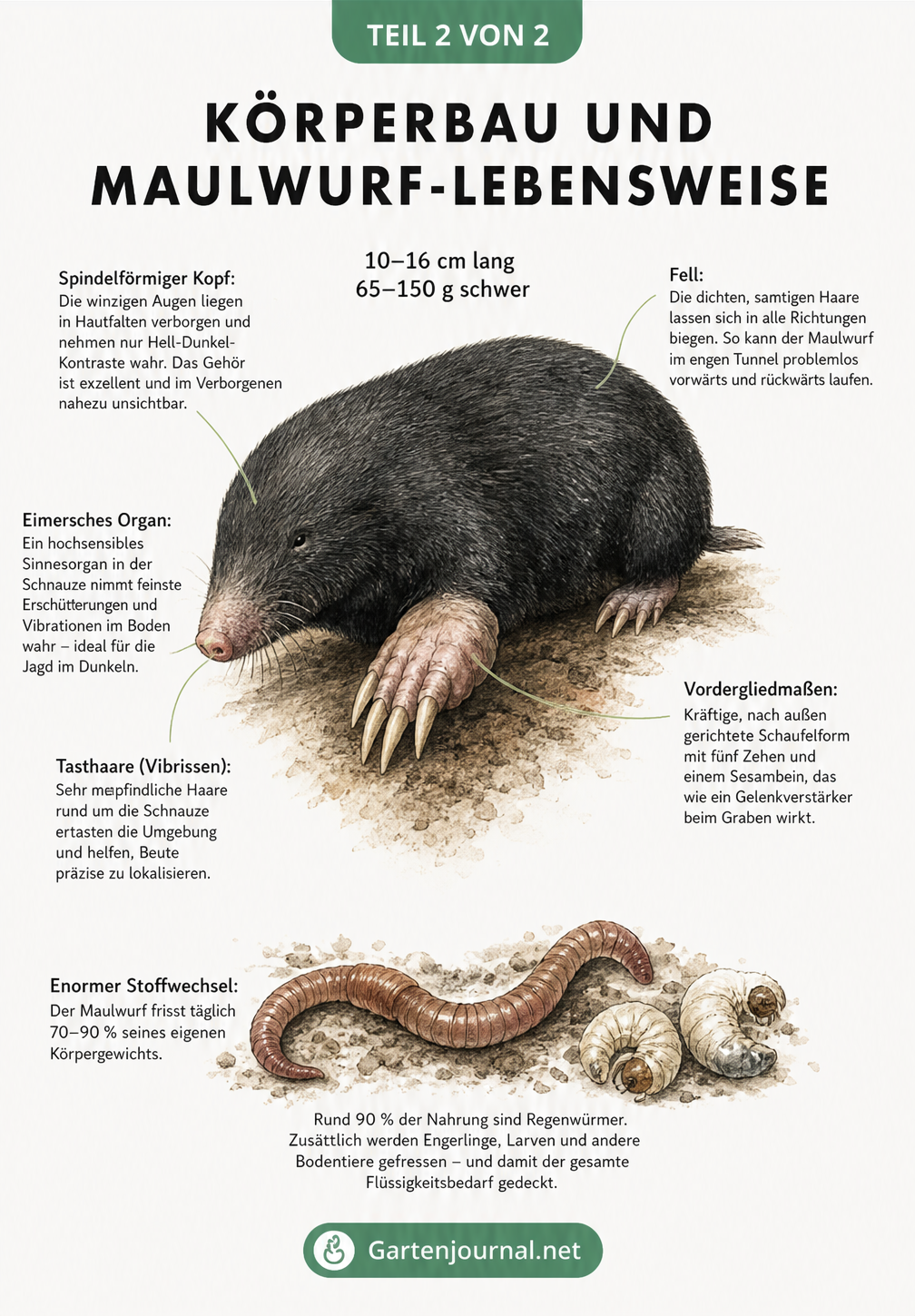 Illustration eines Maulwurfs mit Beschriftungen zu Körperbau, Sinnesorganen und Ernährung