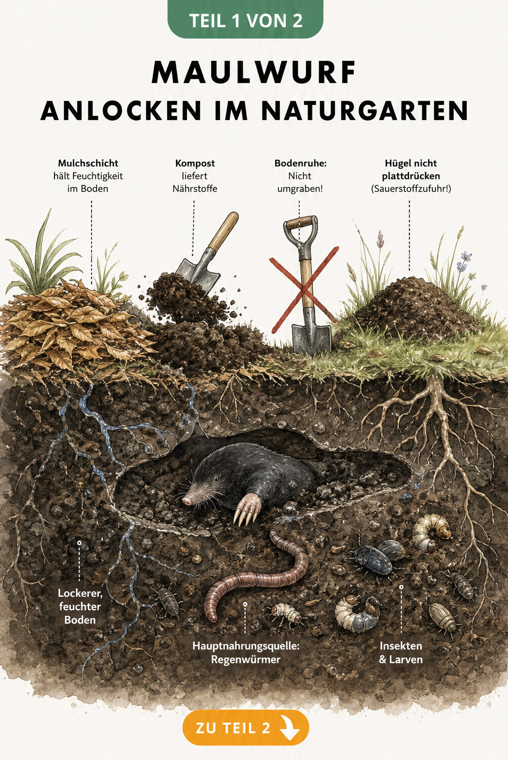 Querschnitt durch ein Gartenbeet mit Maulwurf, Regenwürmern und Mulchschicht