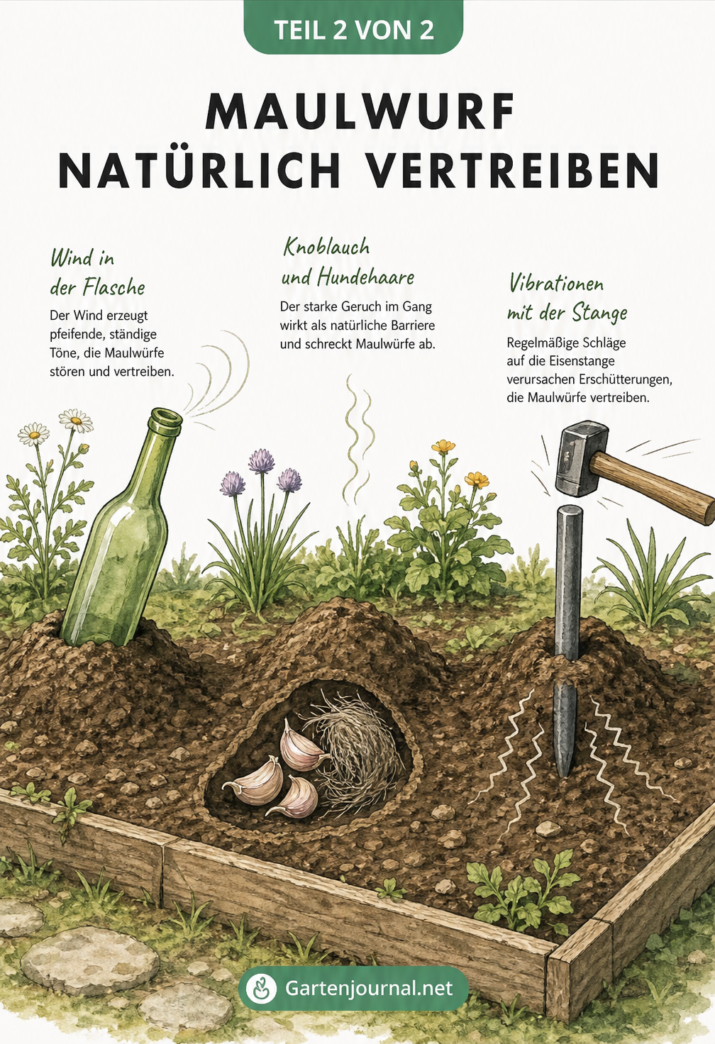 Gartenbeet mit drei Maulwurfshügeln, an denen natürliche Vertreibungsmethoden wie Glasflasche, Knoblauch und Eisenstange gezeigt werden