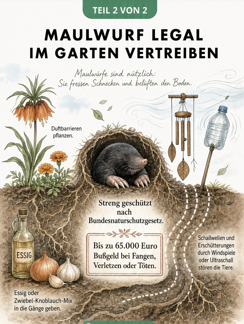 Illustration eines geschützten Maulwurfs in seiner Höhle, umgeben von Duftbarrieren wie Kaiserkrone und Windspielen zur legalen Abwehr.