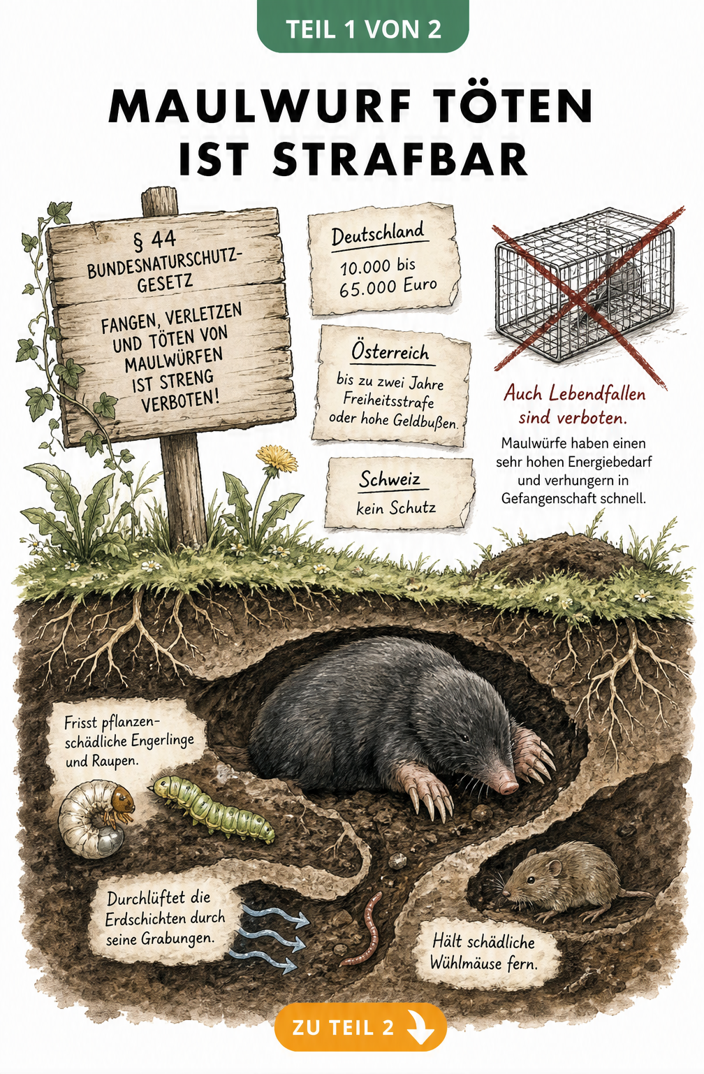 Illustration eines Maulwurfs unter der Erde mit Wurzeln und Insekten sowie einem Schild zum Naturschutzgesetz
