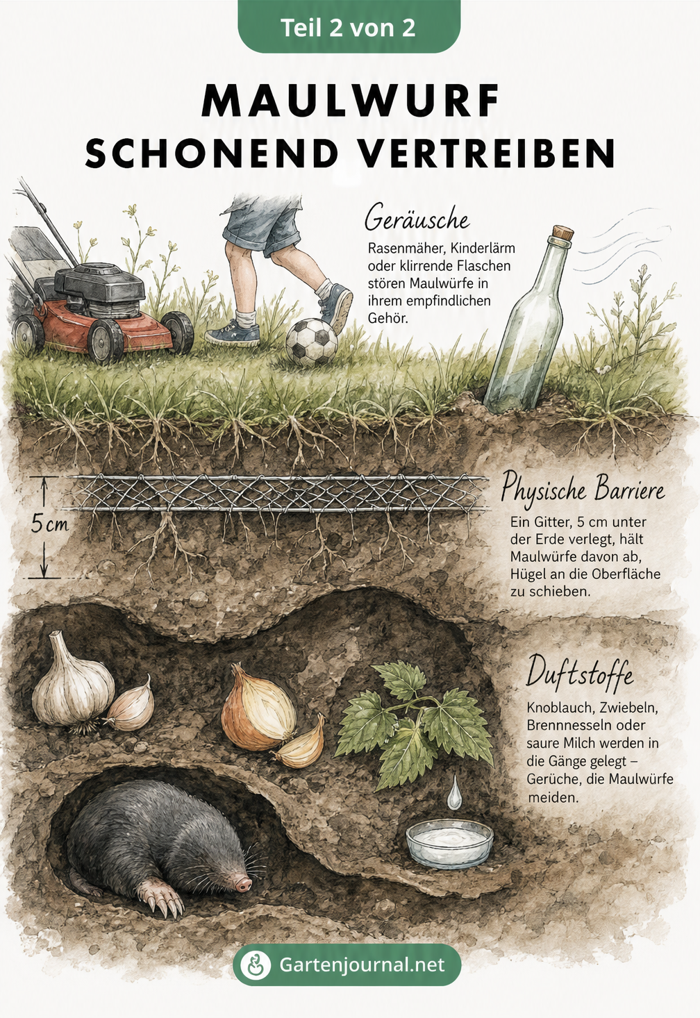 Querschnitt durch einen Garten mit legalen Methoden zur Maulwurfabwehr wie Geräusche, Barrieren und Duftstoffe