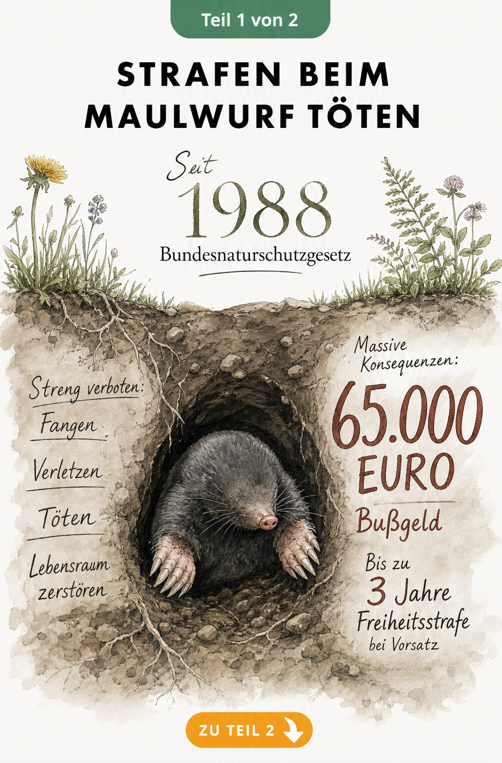 Illustration eines Maulwurfs in einer Erdhöhle mit rechtlichen Fakten zum Bundesnaturschutzgesetz und Strafen bis zu 65.000 Euro