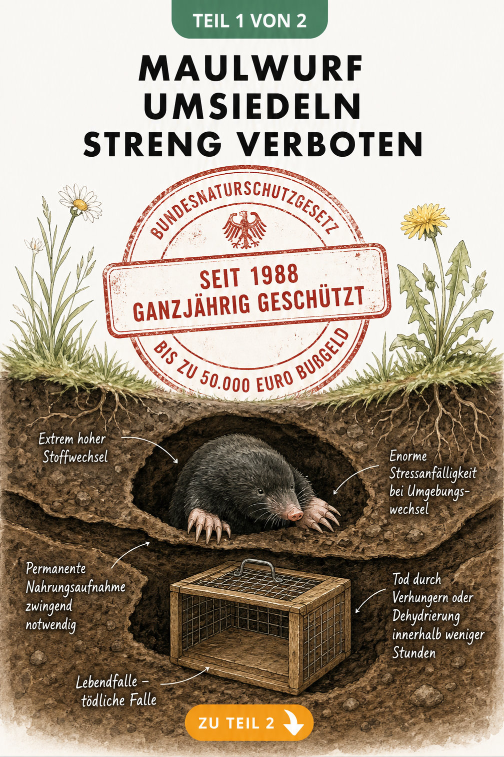 Querschnitt-Illustration eines Gartenbodens mit Maulwurf, Stempel zum Bundesnaturschutzgesetz und einer Lebendfalle