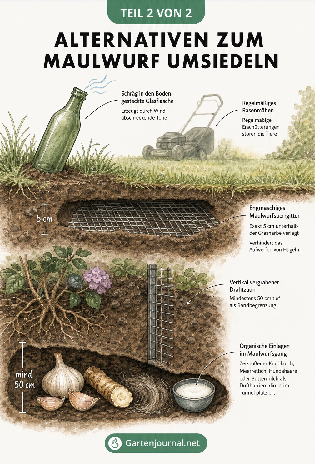 Botanische Illustration eines Gartens im Querschnitt mit Abwehrmaßnahmen wie Glasflasche, Maulwurfsperrgitter und Duftbarriere