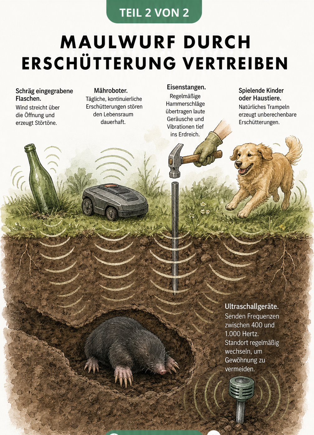 Schnittgrafik eines Gartens, die Methoden zur Erschütterung zeigt: schräg eingegrabene Flaschen, Mähroboter, Hammerschläge auf Eisenstangen, spielende Hunde...