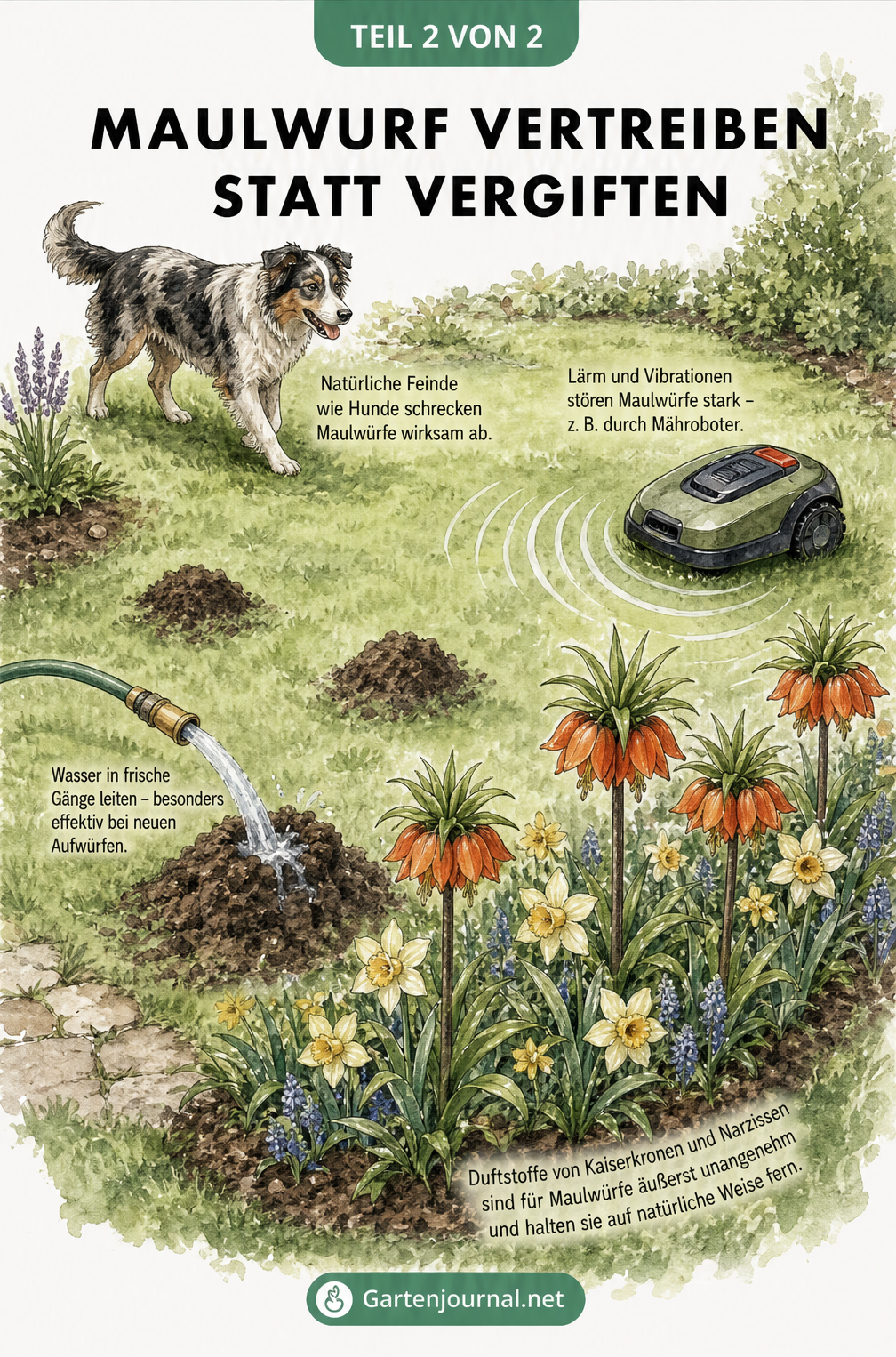Illustration eines Gartens mit Hund, Mähroboter, Gartenschlauch und Kaiserkronen zur Maulwurfvertreibung