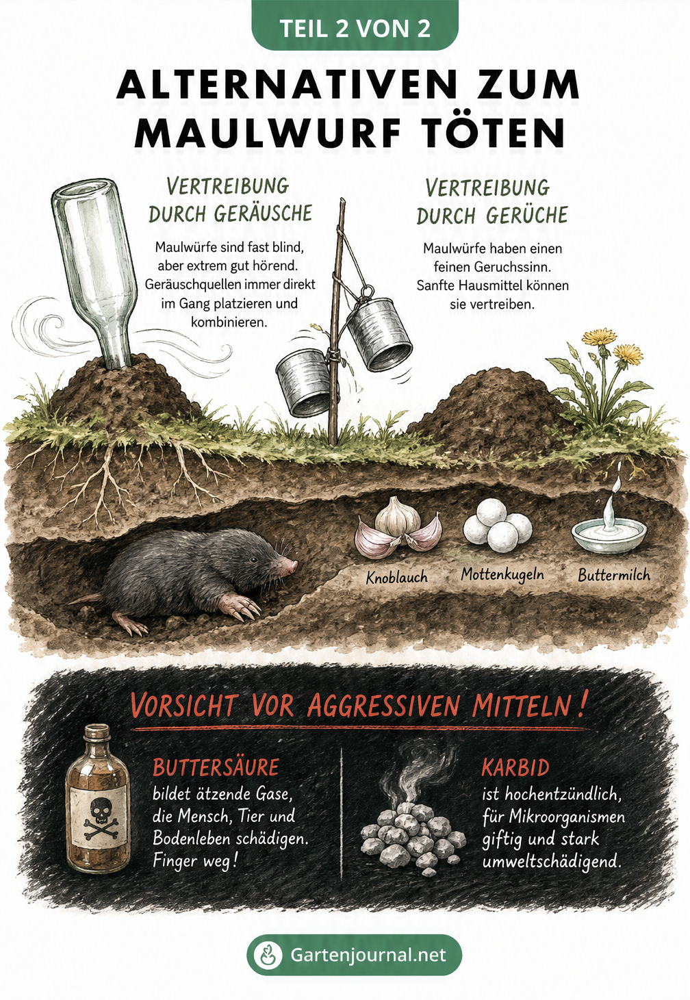 Zeichnung eines Maulwurfsgangs mit Hausmitteln wie Glasflasche, Blechdosen, Knoblauch und Mottenkugeln zur Vertreibung