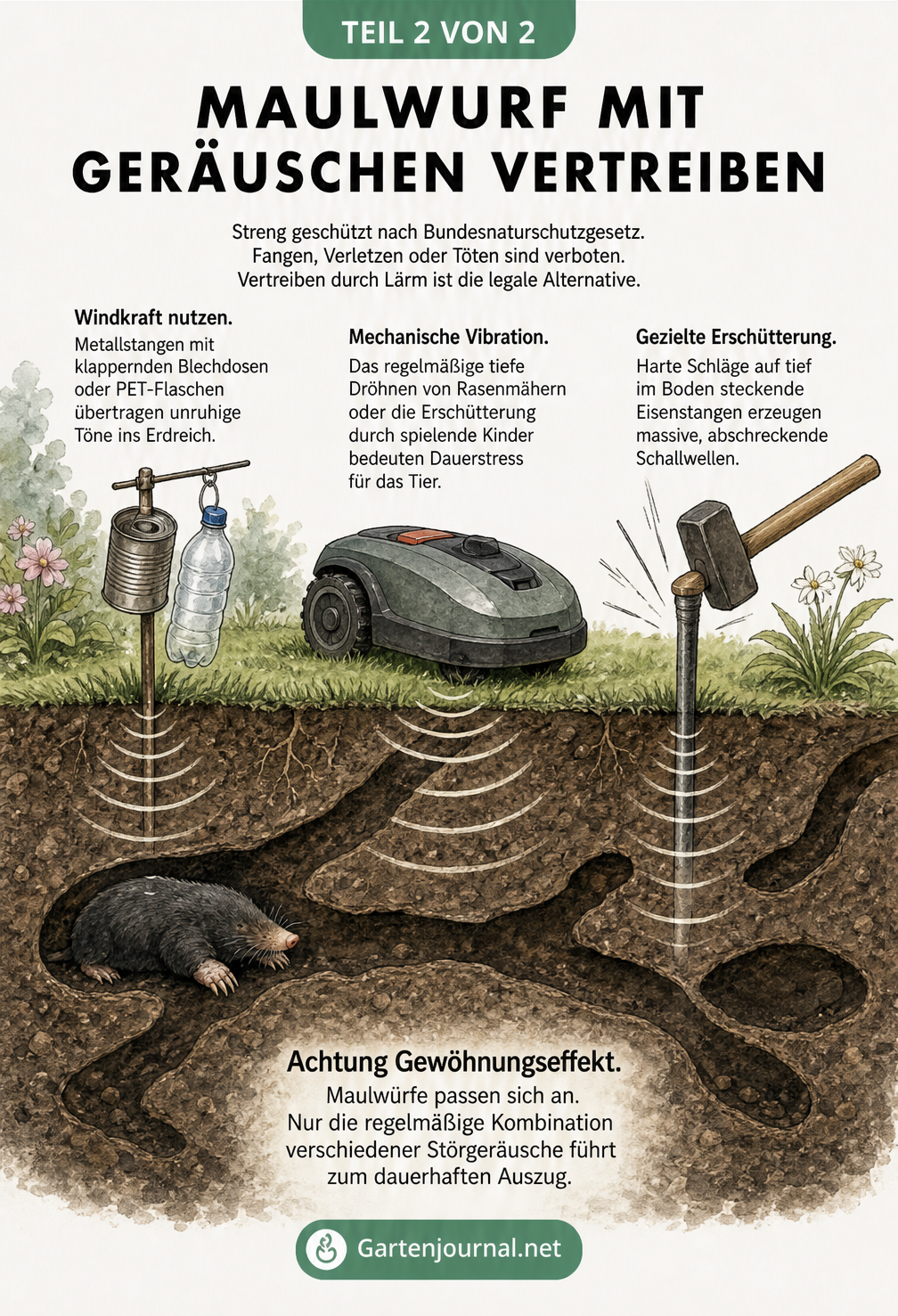 Illustration eines Gartens mit Lärmquellen wie klappernden Blechdosen, einem Mähroboter und einer Eisenstange, deren Schallwellen in den Maulwurftunnel dringen.
