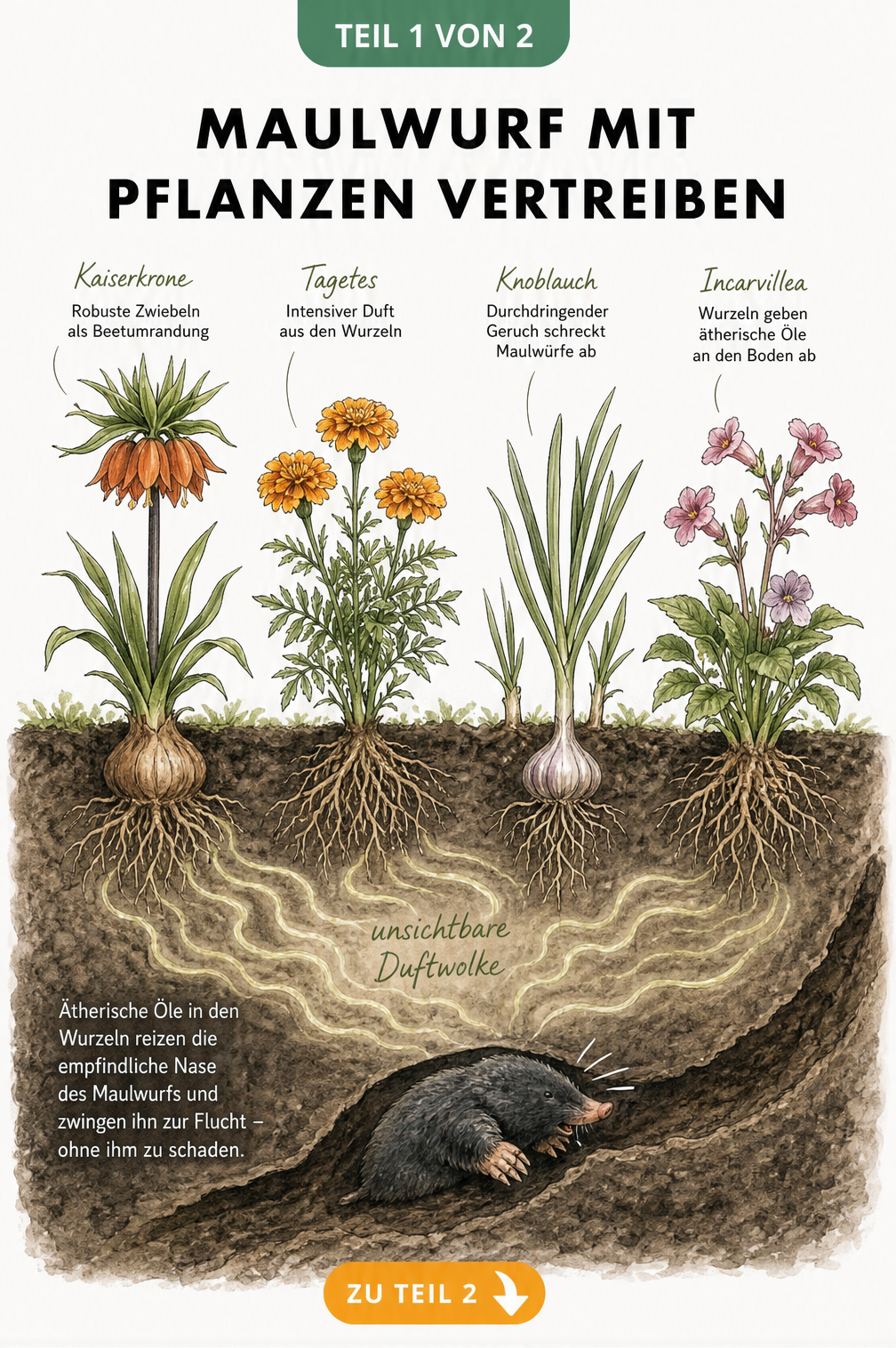 Querschnitt eines Gartenbeets mit Kaiserkrone, Tagetes, Knoblauch und Incarvillea, deren Wurzeln eine Duftwolke abgeben, die einen Maulwurf vertreibt.