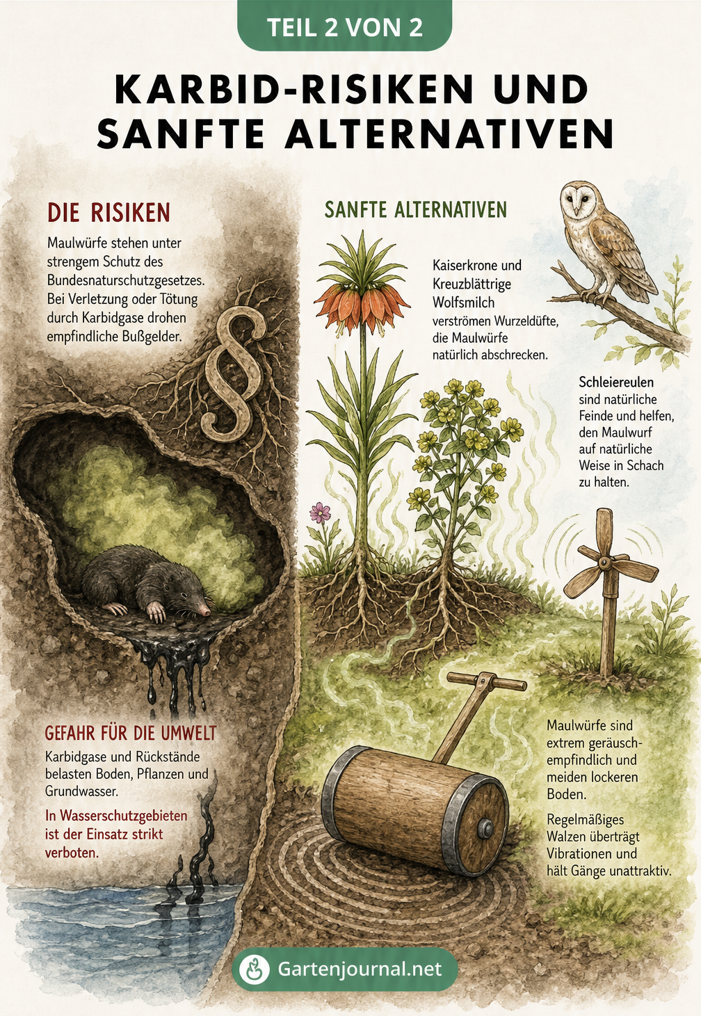 Zweigeteilte Illustration: Links die Gefahren von Karbid für Umwelt und Grundwasser, rechts sanfte Alternativen wie Pflanzen und Windräder.