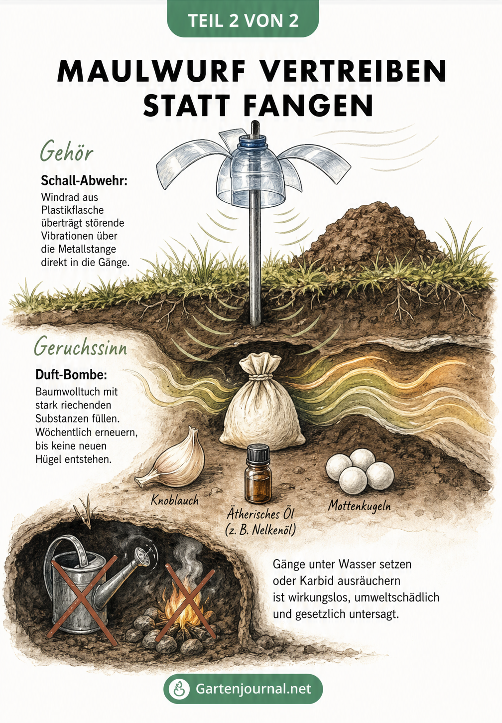 Querschnitt eines Maulwurfgangs mit einer Schall-Abwehr aus einer Plastikflasche und einer Duft-Bombe aus Knoblauch und ätherischen Ölen.