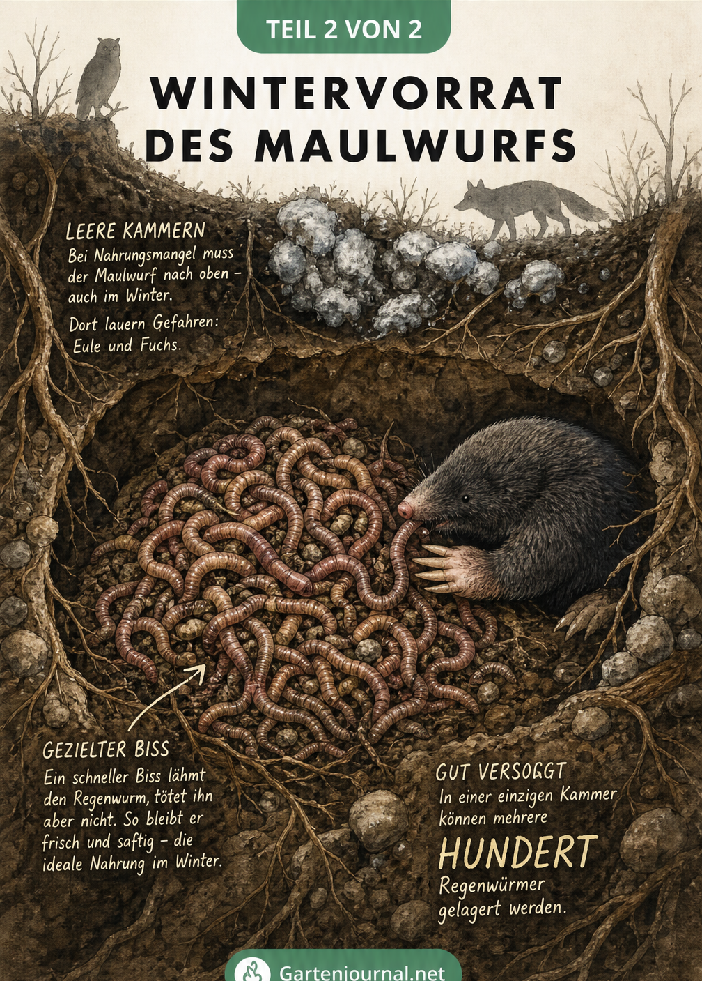 Unterirdische Vorratskammer eines Maulwurfs gefüllt mit gelähmten Regenwürmern zwischen Baumwurzeln