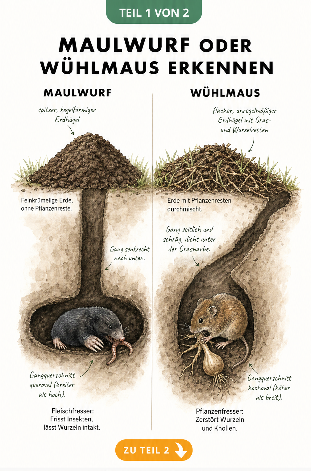 Querschnitt durch das Erdreich: Vergleich von Maulwurf und Wühlmaus mit Erdhügeln und Gängen