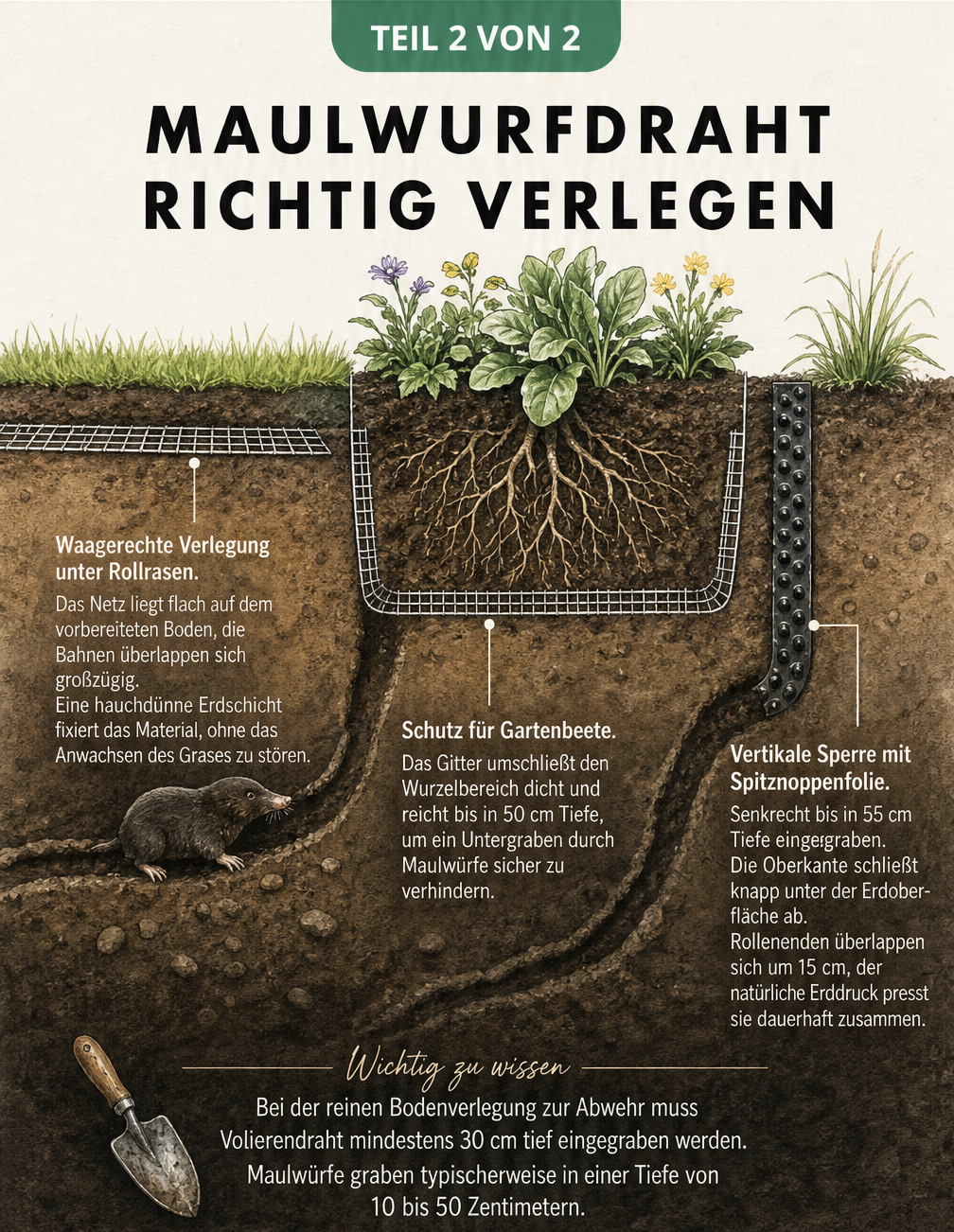 Querschnitt durch den Gartenboden zeigt die richtige Verlegung von Maulwurfdraht unter Rollrasen, Gartenbeeten und als vertikale Sperre