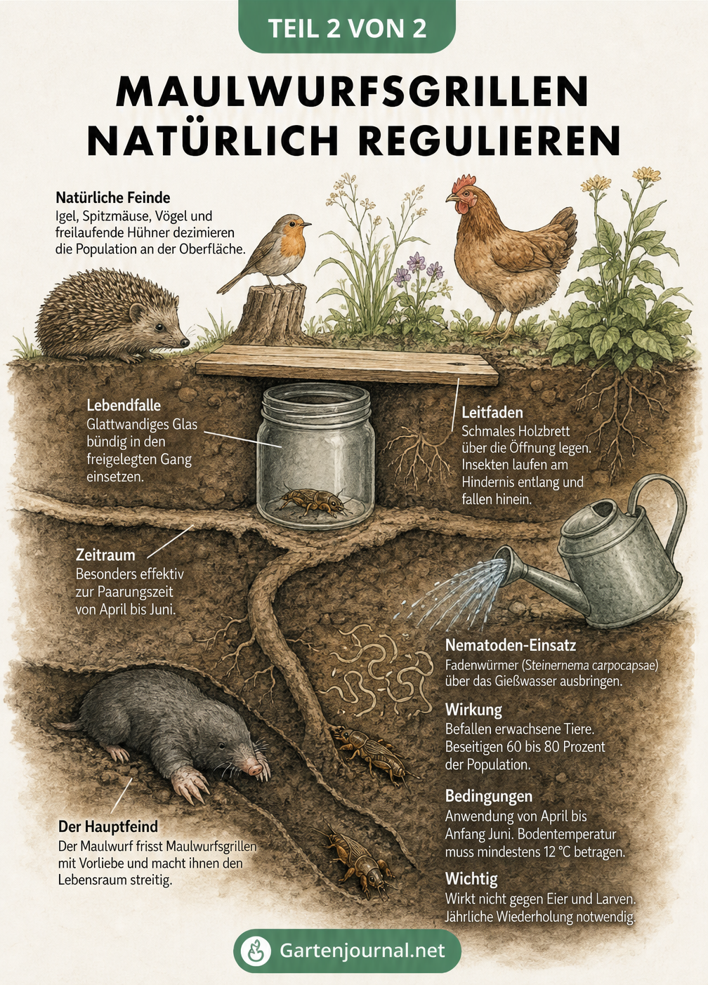 Querschnitt durch ein Gartenbeet mit natürlichen Feinden, einer Lebendfalle und Nematoden-Einsatz gegen Maulwurfsgrillen