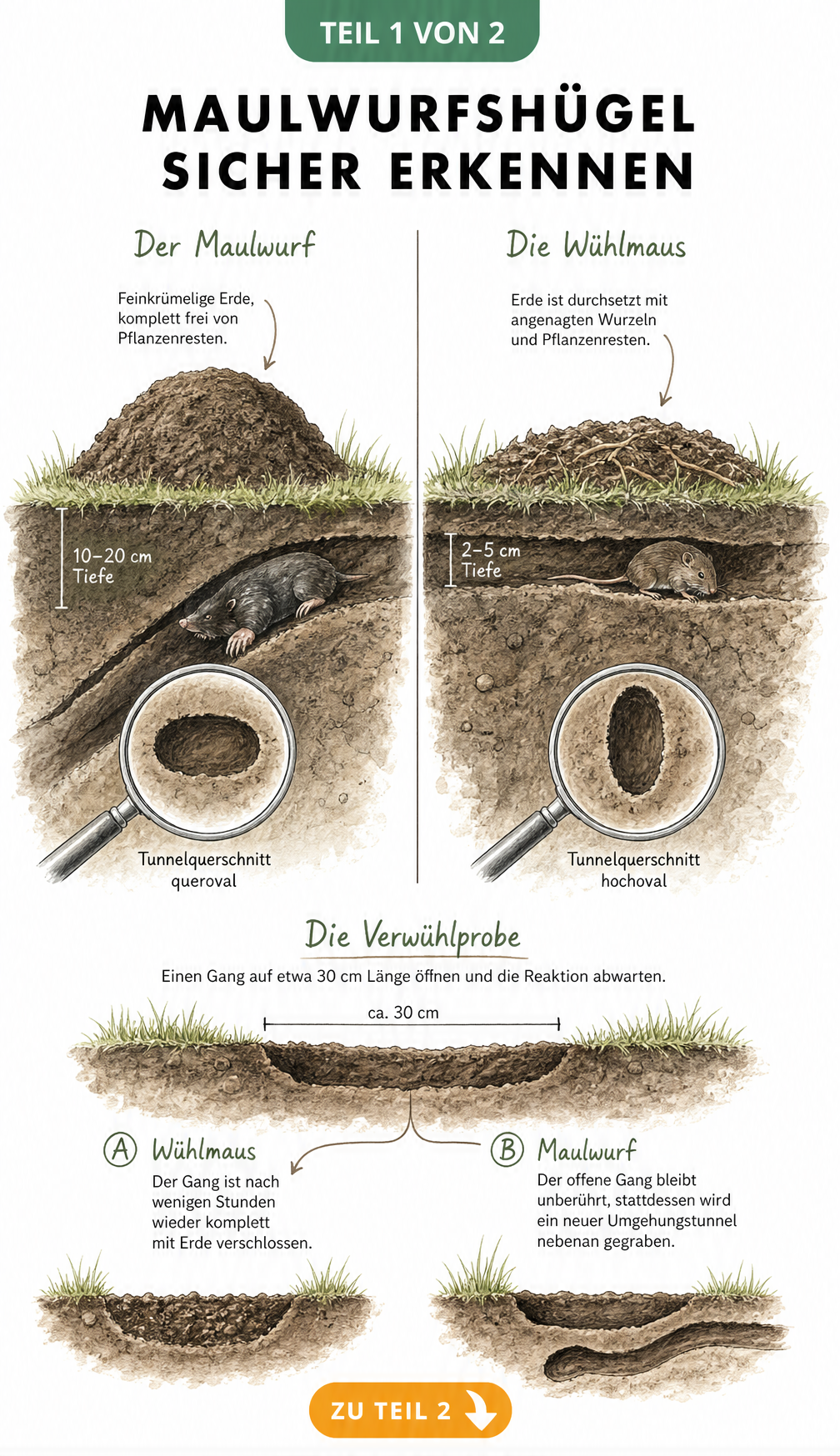 Querschnitt durch die Erde: Vergleich von Maulwurfshügel und Wühlmaushügel mit Verwühlprobe