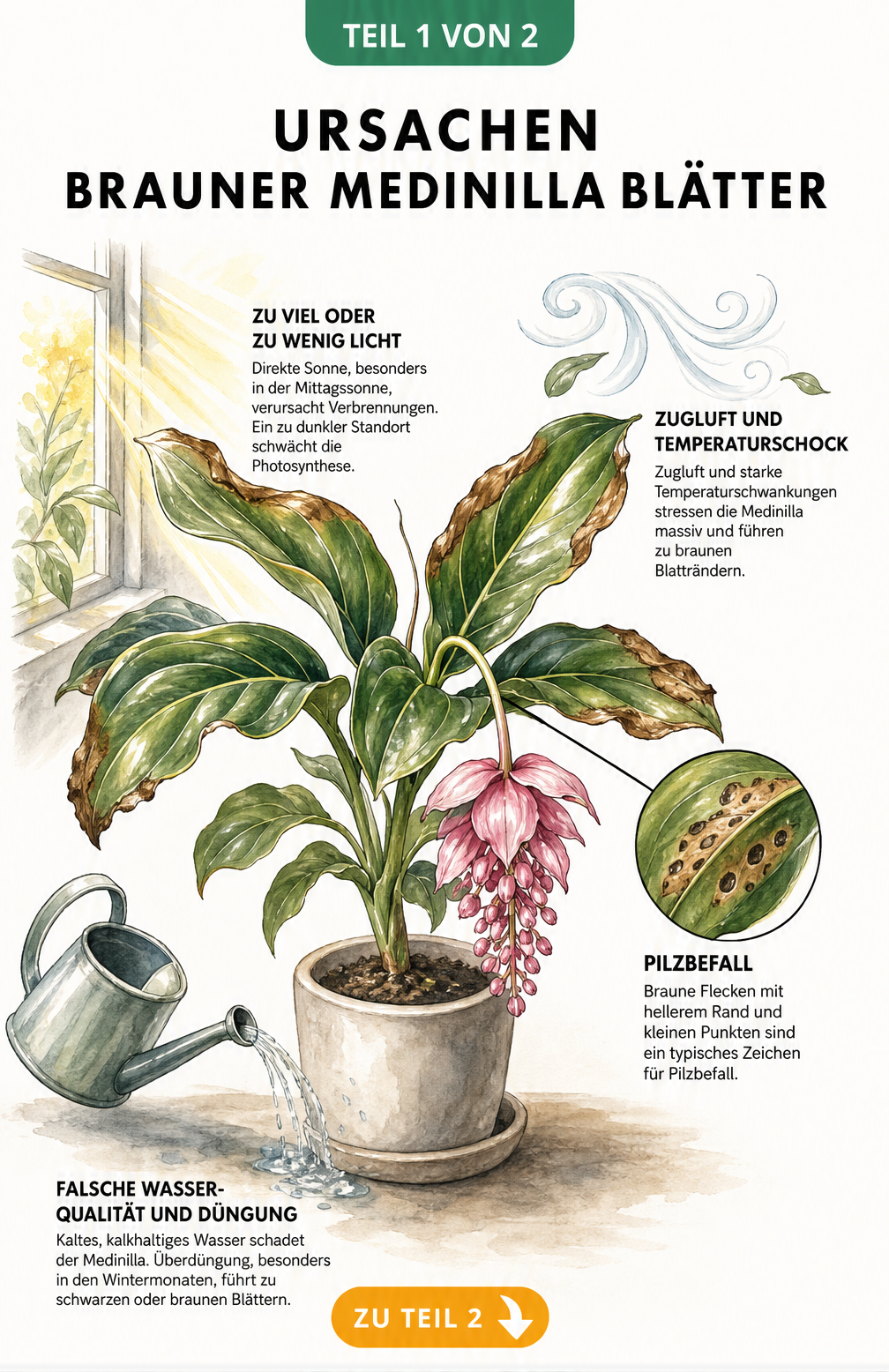 Illustration einer Medinilla magnifica mit braunen Blättern und den Ursachen wie direkte Sonne, Zugluft, Pilzbefall und falsches Gießen