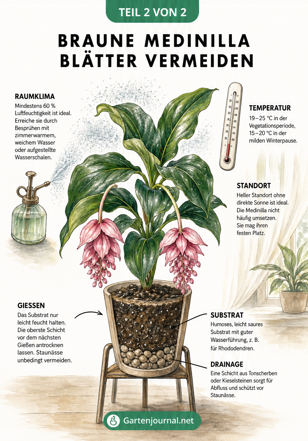 Illustration der idealen Pflegebedingungen für die Medinilla magnifica mit Angaben zu Luftfeuchtigkeit, Temperatur und Bodenaufbau