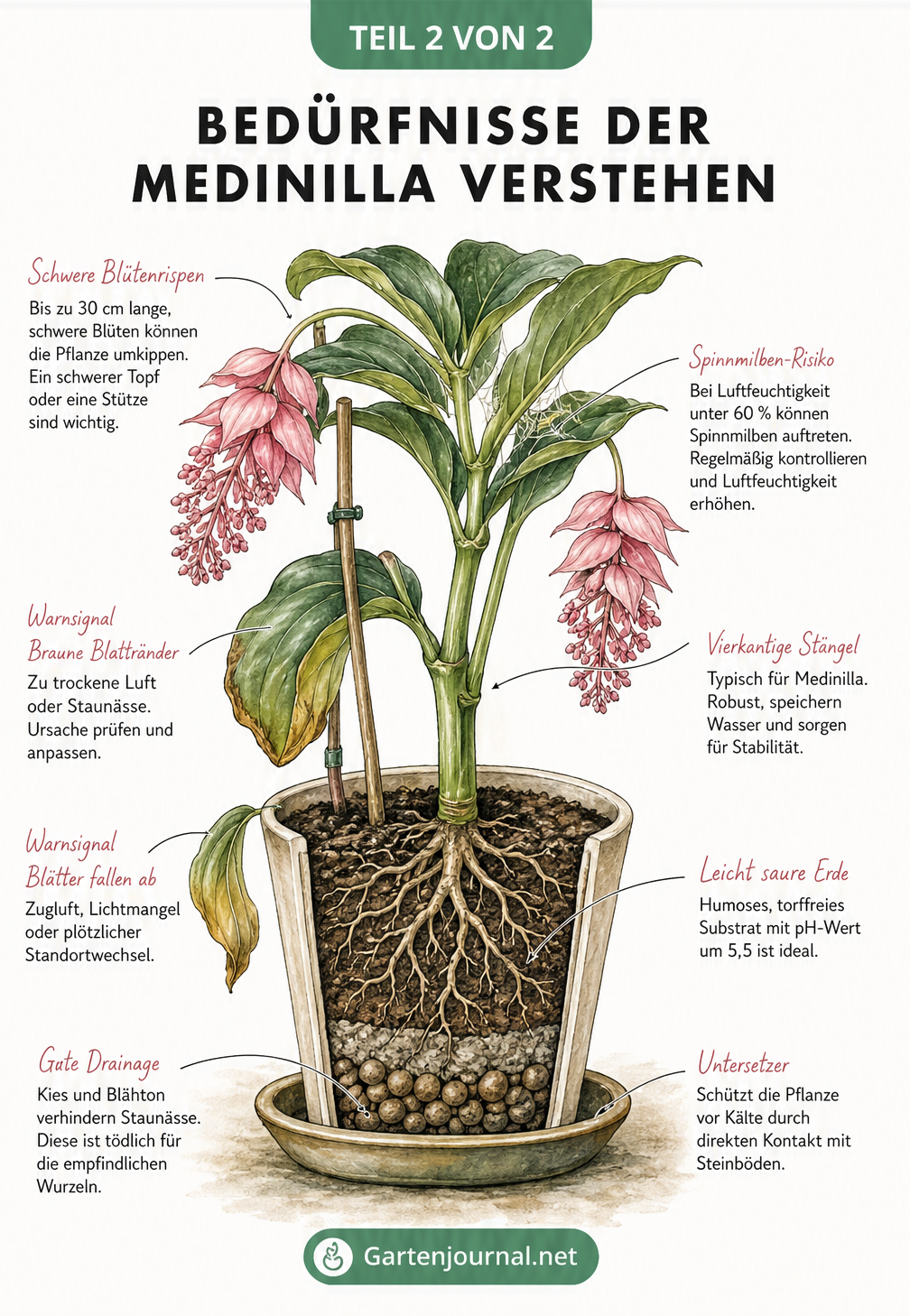 Querschnitt einer Medinilla im Topf mit Blähton-Drainage, humoser Erde und Hinweisen zu Blattverfärbungen.