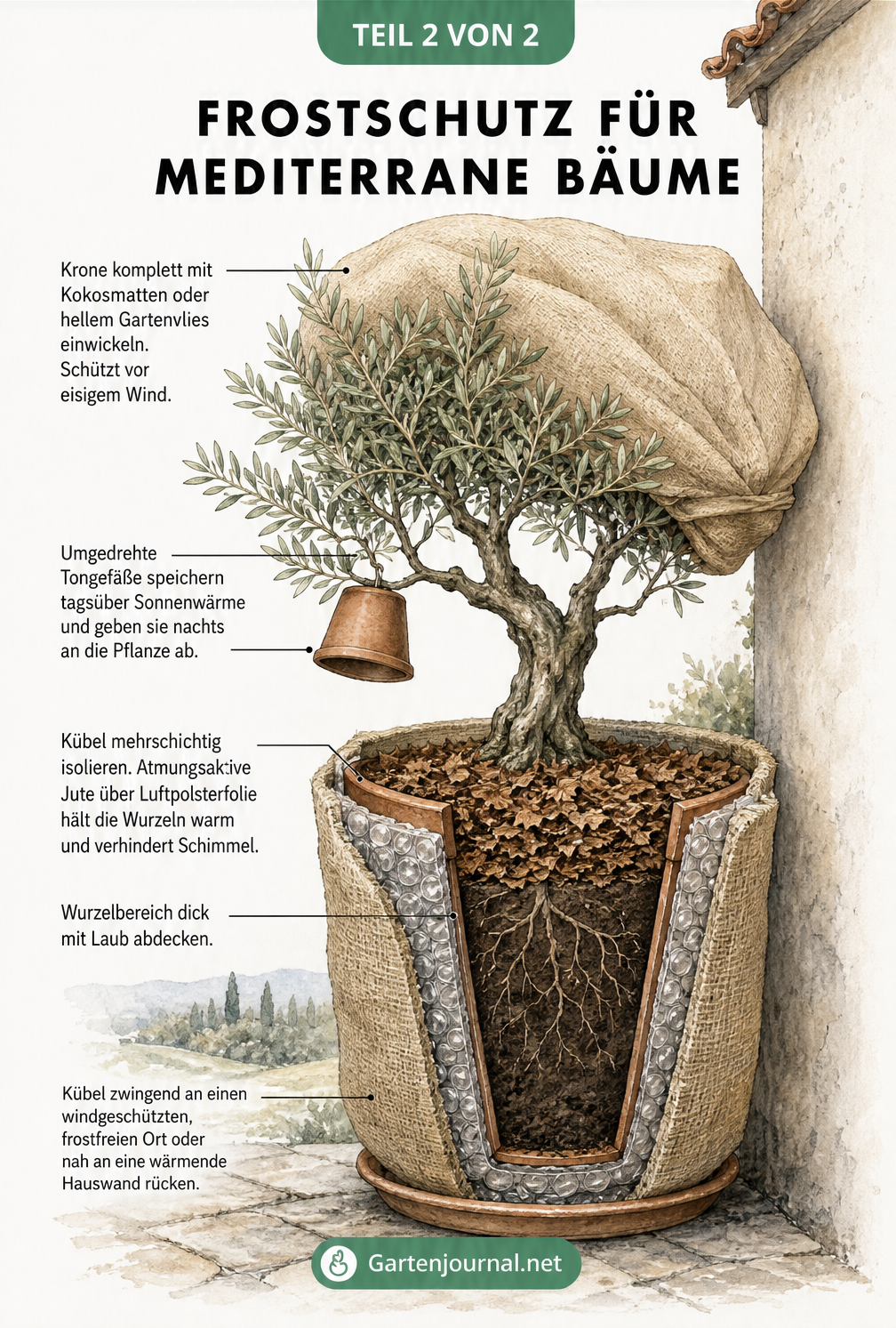 Illustration eines Olivenbaums im Kübel mit Winterschutz aus Kokosmatten, Jute und Noppenfolie