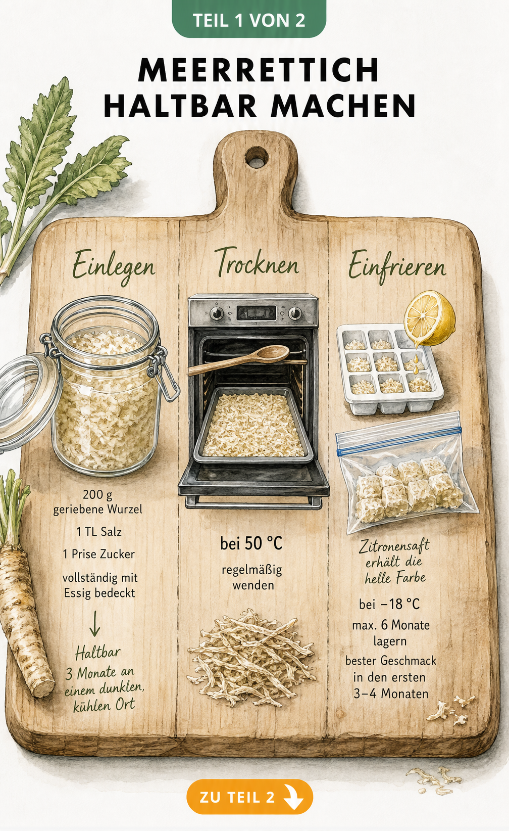 Illustration von Meerrettich beim Einlegen, Trocknen und Einfrieren mit Rezepten und Haltbarkeit
