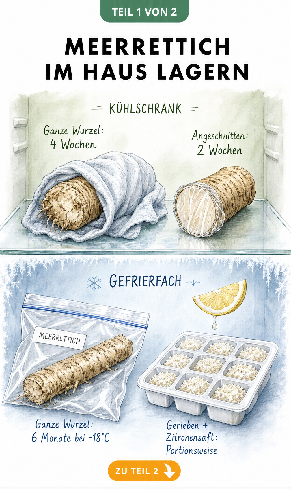 Illustration zur Lagerung von Meerrettich im Kühlschrank und Gefrierfach mit Haltbarkeitsangaben