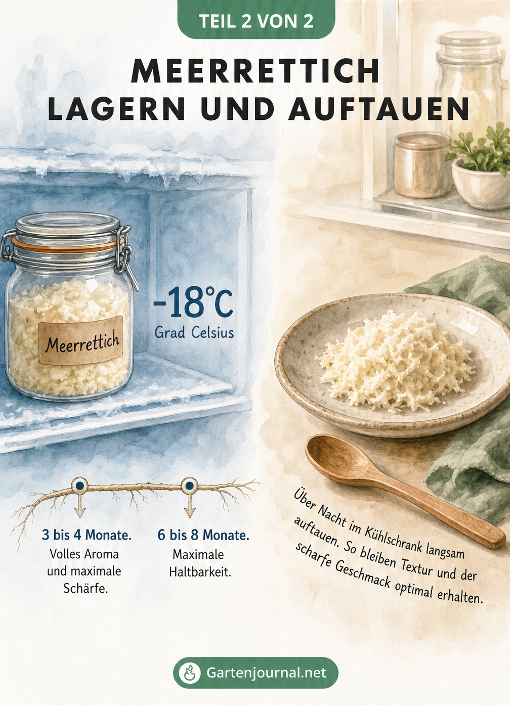 Aquarellierte Grafik von Gefrierfach und Kühlschrank, die die Haltbarkeit von Meerrettich bei -18 Grad und das langsame Auftauen über Nacht zeigt.