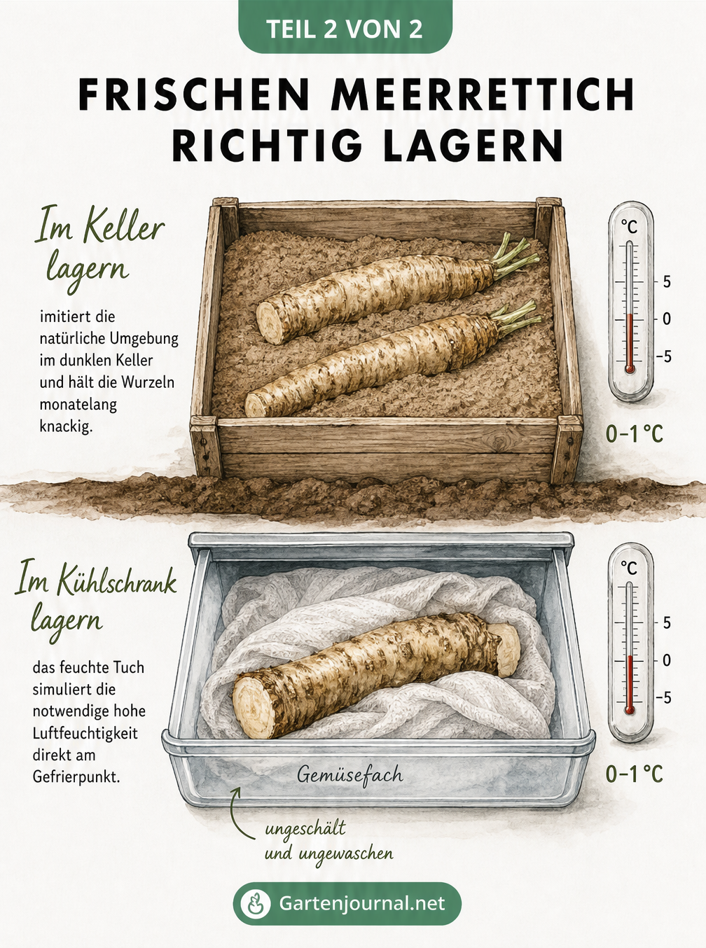 Querschnitt-Illustration zur Lagerung von Meerrettich in einer Sandkiste im Keller und im feuchten Tuch im Kühlschrank