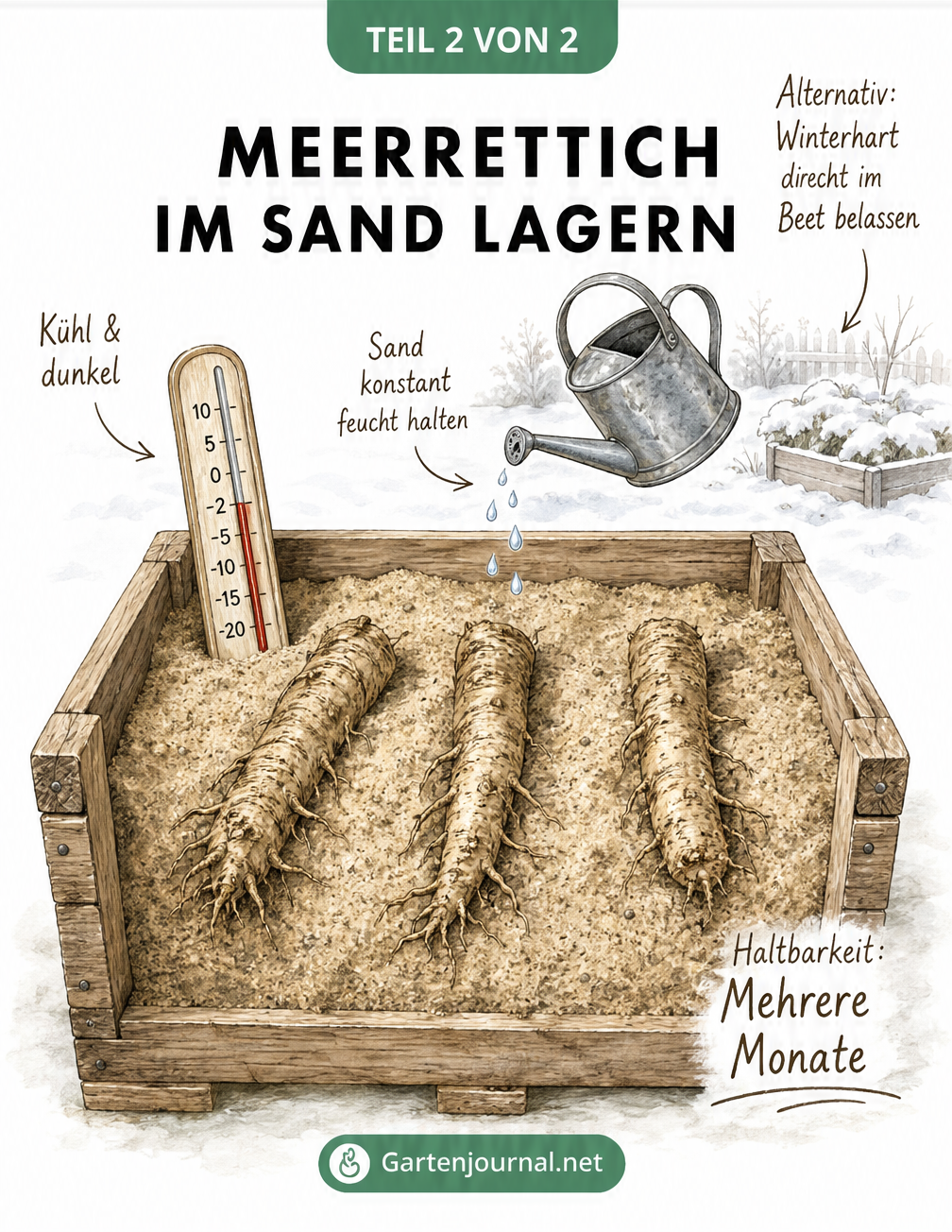 Querschnitt einer Holzkiste mit Meerrettichwurzeln in feuchtem Sand zur Lagerung