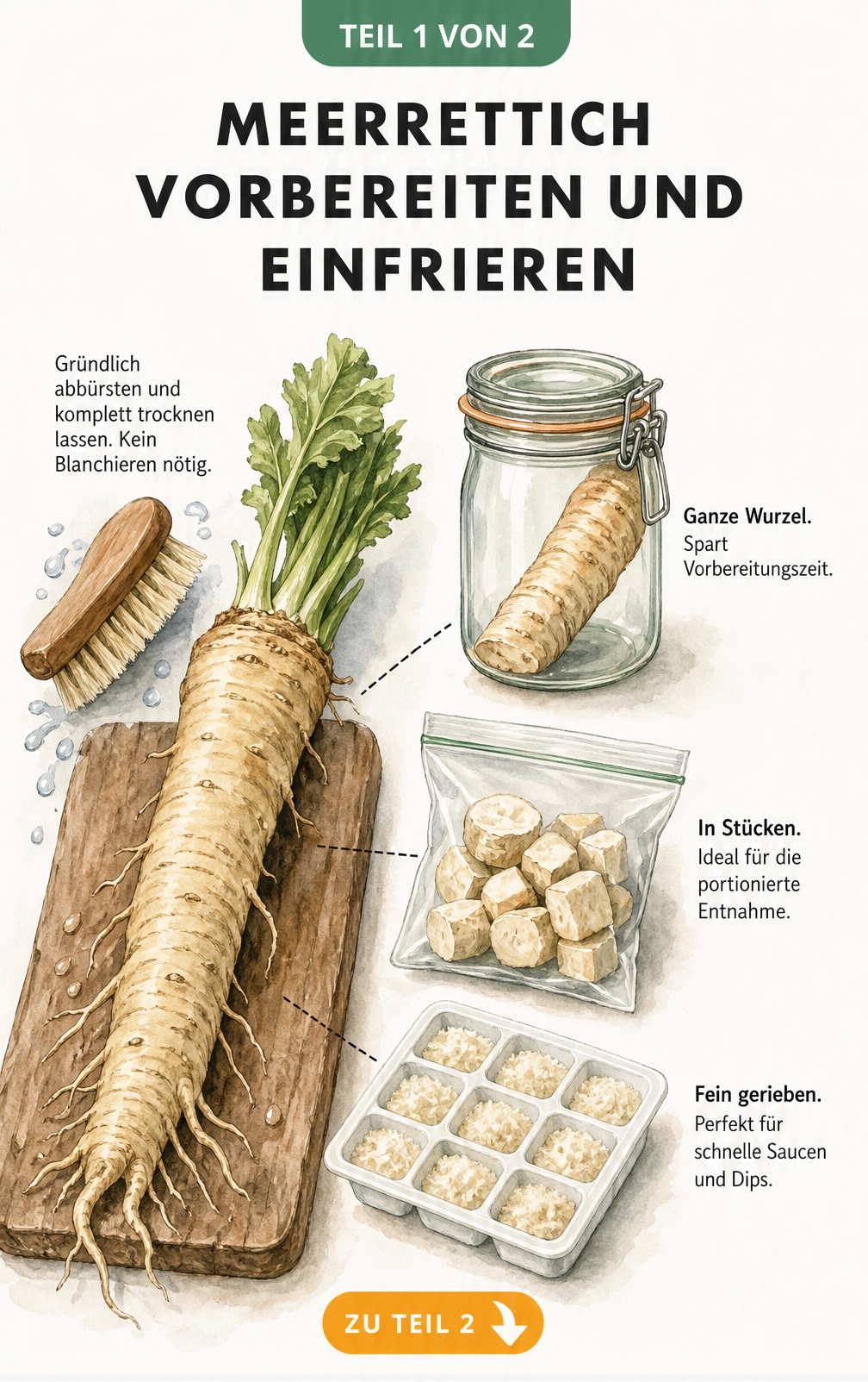 Illustration einer Meerrettichwurzel mit Naturbürste und drei Verarbeitungsstufen: ganze Wurzel, in Stücken und fein gerieben in Eiswürfelform.