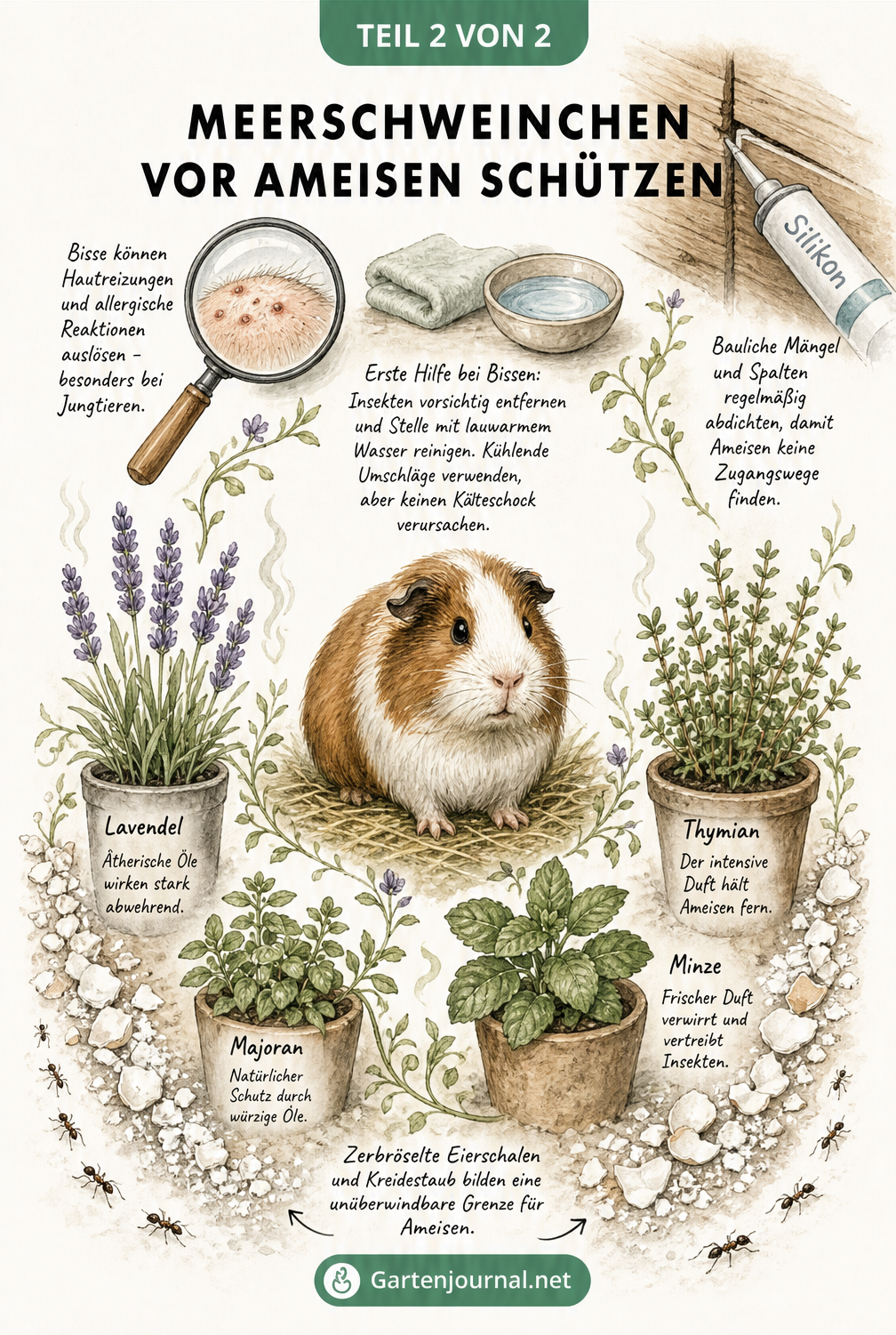 Meerschweinchen umgeben von abwehrenden Kräutern wie Lavendel und Thymian, Kreidebarrieren und Tipps zur Ersten Hilfe bei Ameisenbissen.