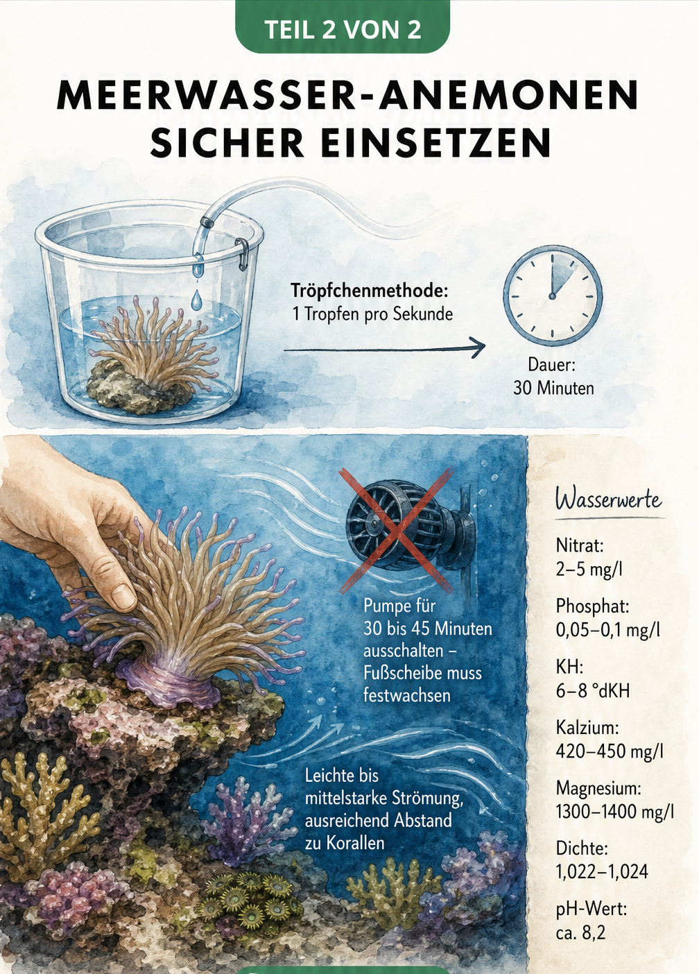 Illustration zur Eingewöhnung von Meerwasser-Anemonen mit Tröpfchenmethode und Platzierung im Riff