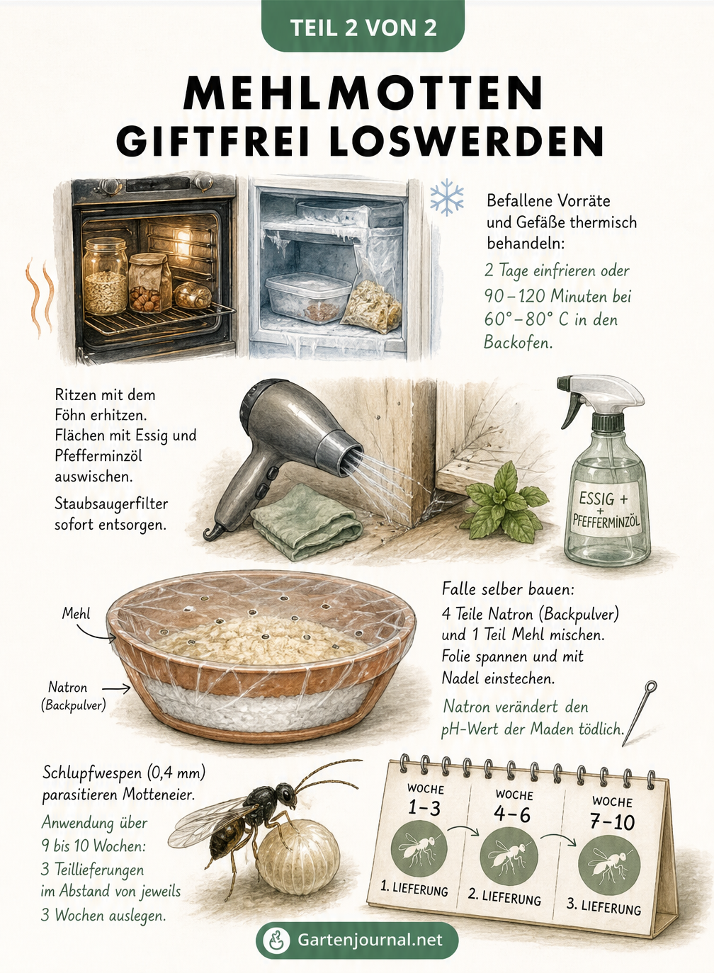 Strategie-Schaubild zur giftfreien Bekämpfung von Mehlmotten durch Hitze, Kälte, Reinigung, selbstgebaute Fallen und Schlupfwespen