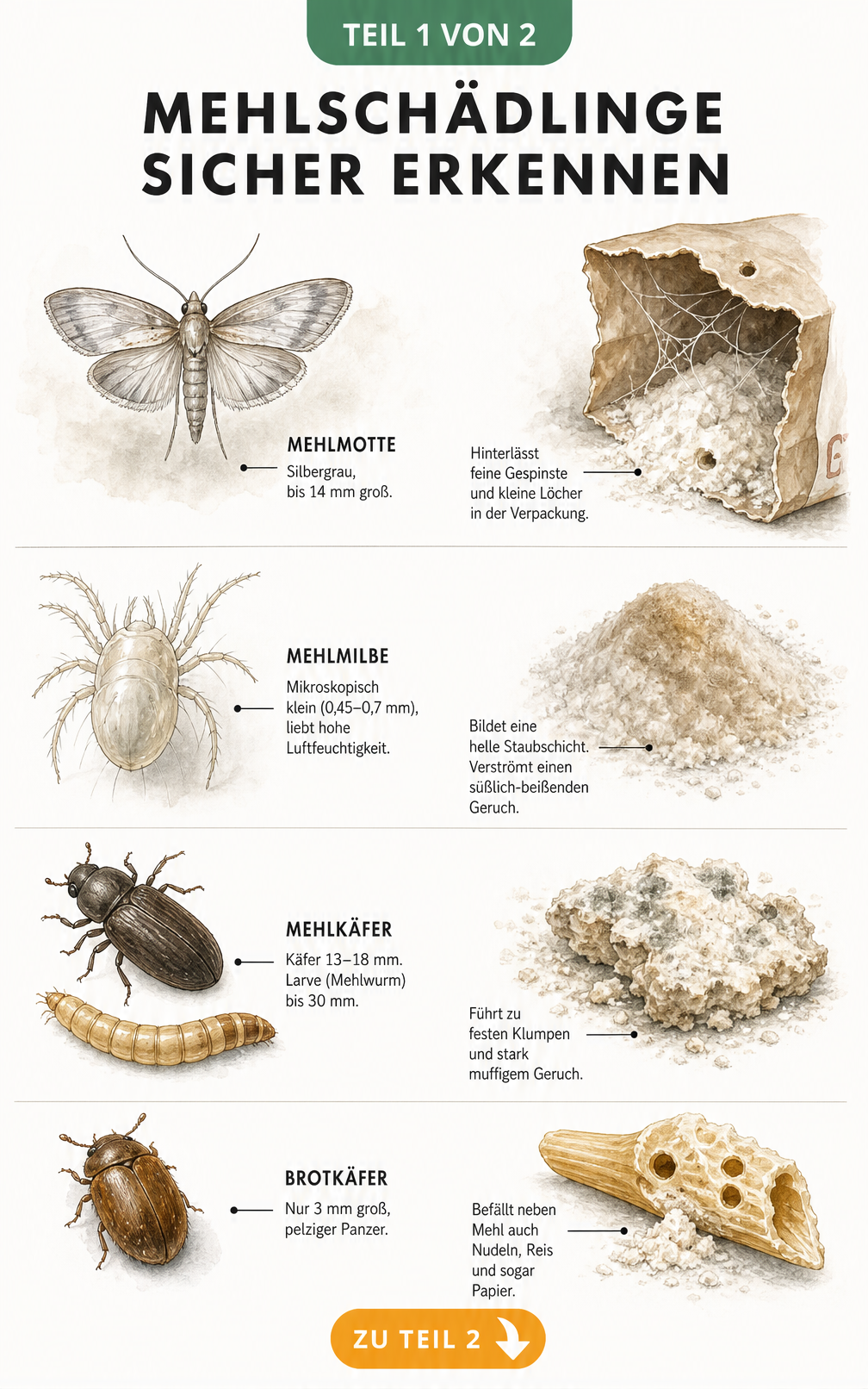 Illustration der vier häufigsten Mehlschädlinge: Mehlmotte, Mehlmilbe, Mehlkäfer und Brotkäfer mit ihren typischen Spuren im Mehl