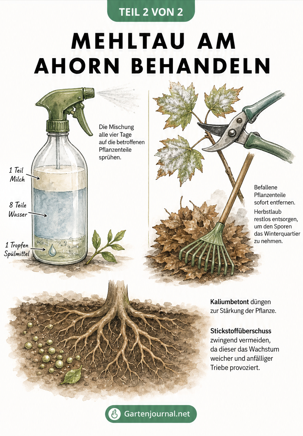 Illustration von Gartengeräten zur Mehltau-Behandlung: Eine Sprühflasche mit Milch-Wasser-Gemisch, eine Gartenschere und ein Laubrechen.