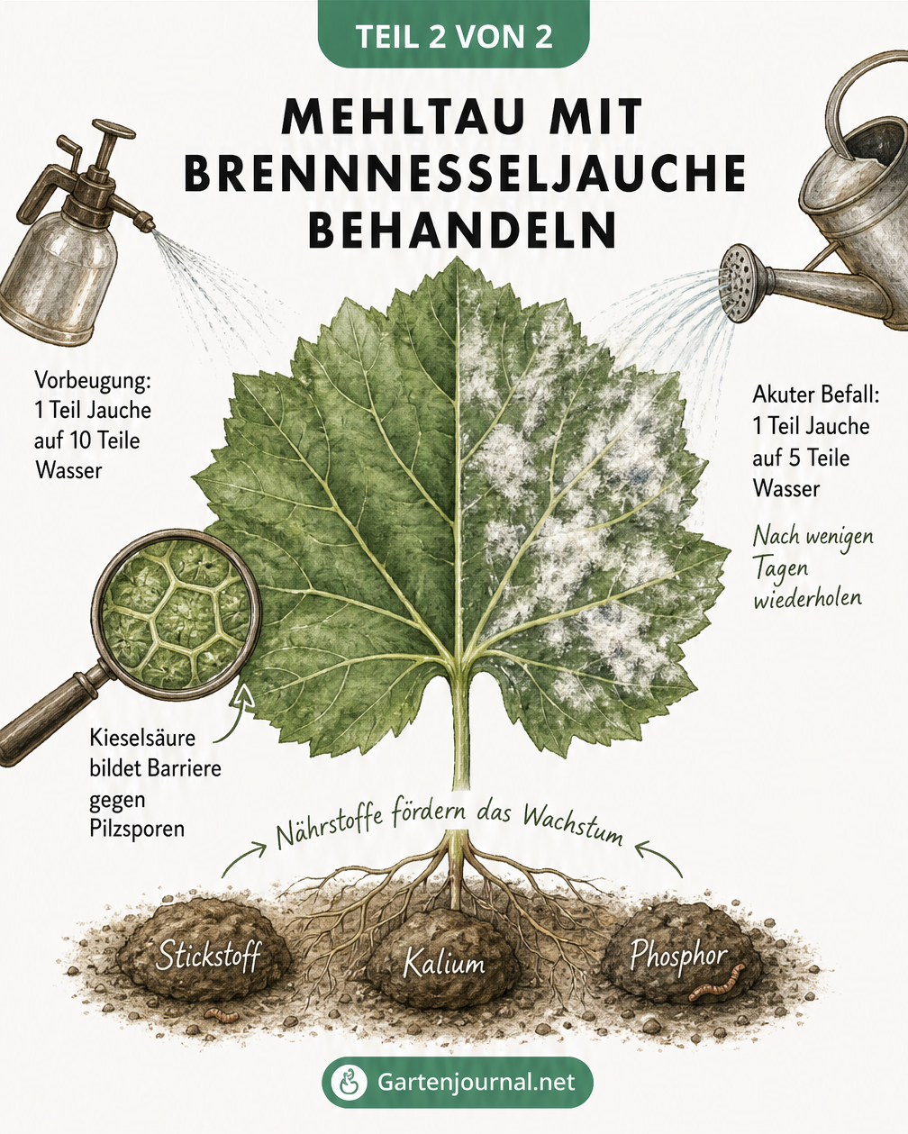 Illustration eines Pflanzenblattes, das links gesund und rechts mit Mehltau befallen ist, inklusive Sprühanleitung