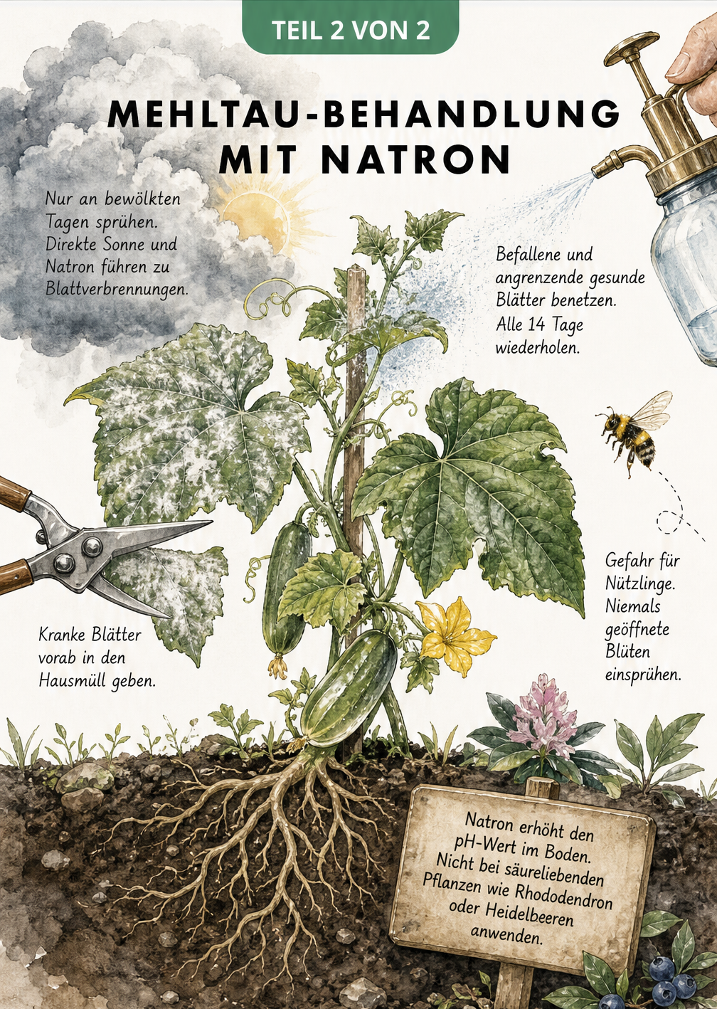 Illustration einer Gurkenpflanze mit Mehltau und Tipps zur richtigen Behandlung mit Natron