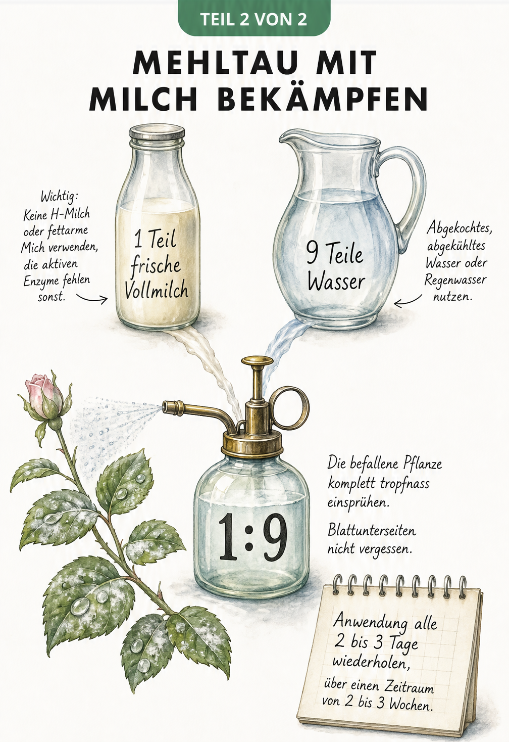 Rezept und Anleitung zum Mischen eines Hausmittels gegen Mehltau aus Milch und Wasser
