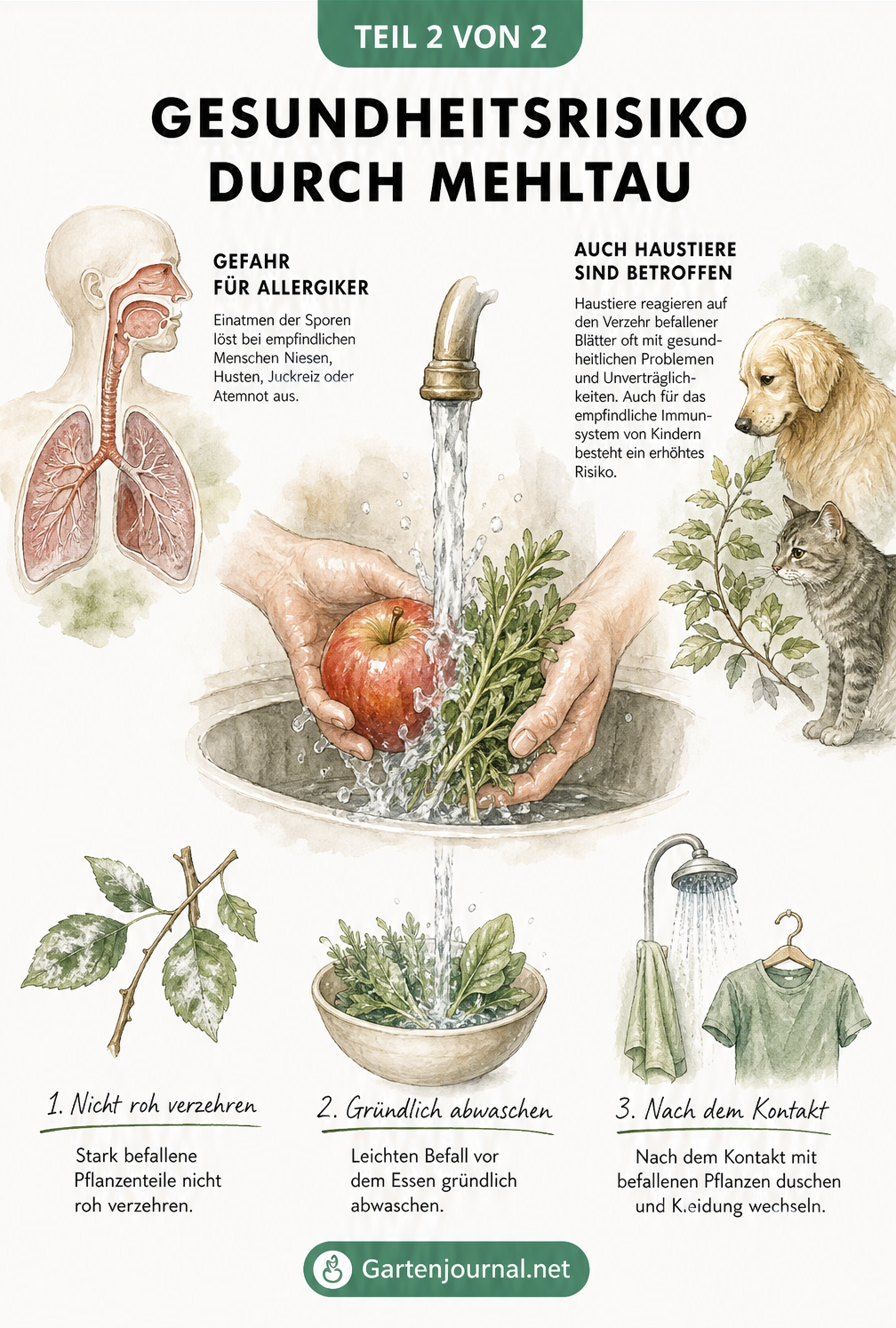 Illustration von Händen, die einen Apfel und Kräuter abwaschen, mit Hinweisen zu Allergien und Haustieren