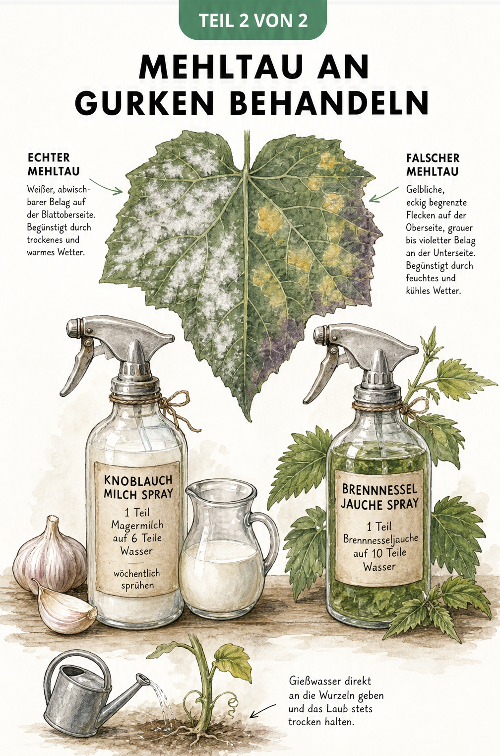 Illustration von Gurkenblättern mit Echtem und Falschem Mehltau sowie Sprühflaschen mit Hausmitteln wie Milch und Brennnesseljauche