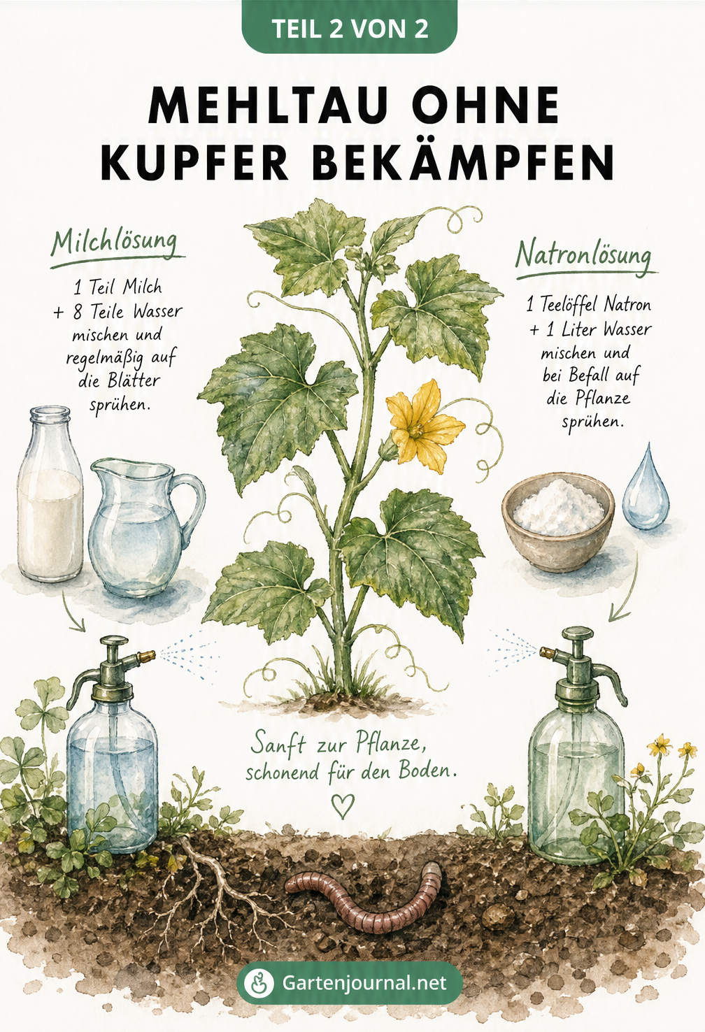 Illustration einer gesunden Pflanze mit Hausmitteln wie Milch und Natron gegen Mehltau