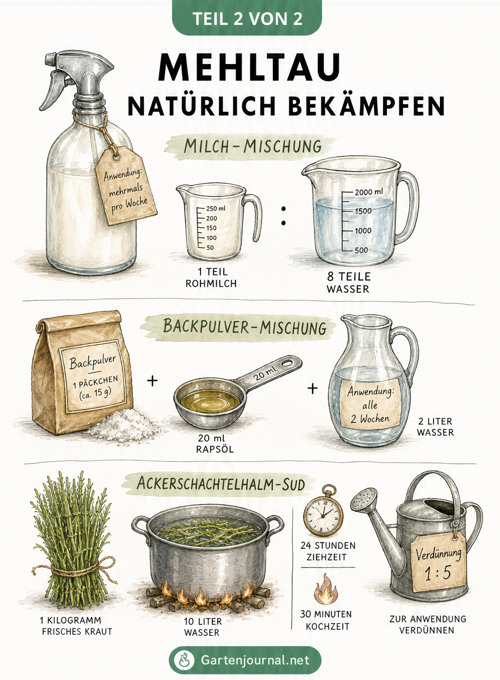 Illustration von drei natürlichen Hausmitteln gegen Mehltau: Milch-Wasser-Mischung, Backpulver mit Rapsöl und Ackerschachtelhalmsud
