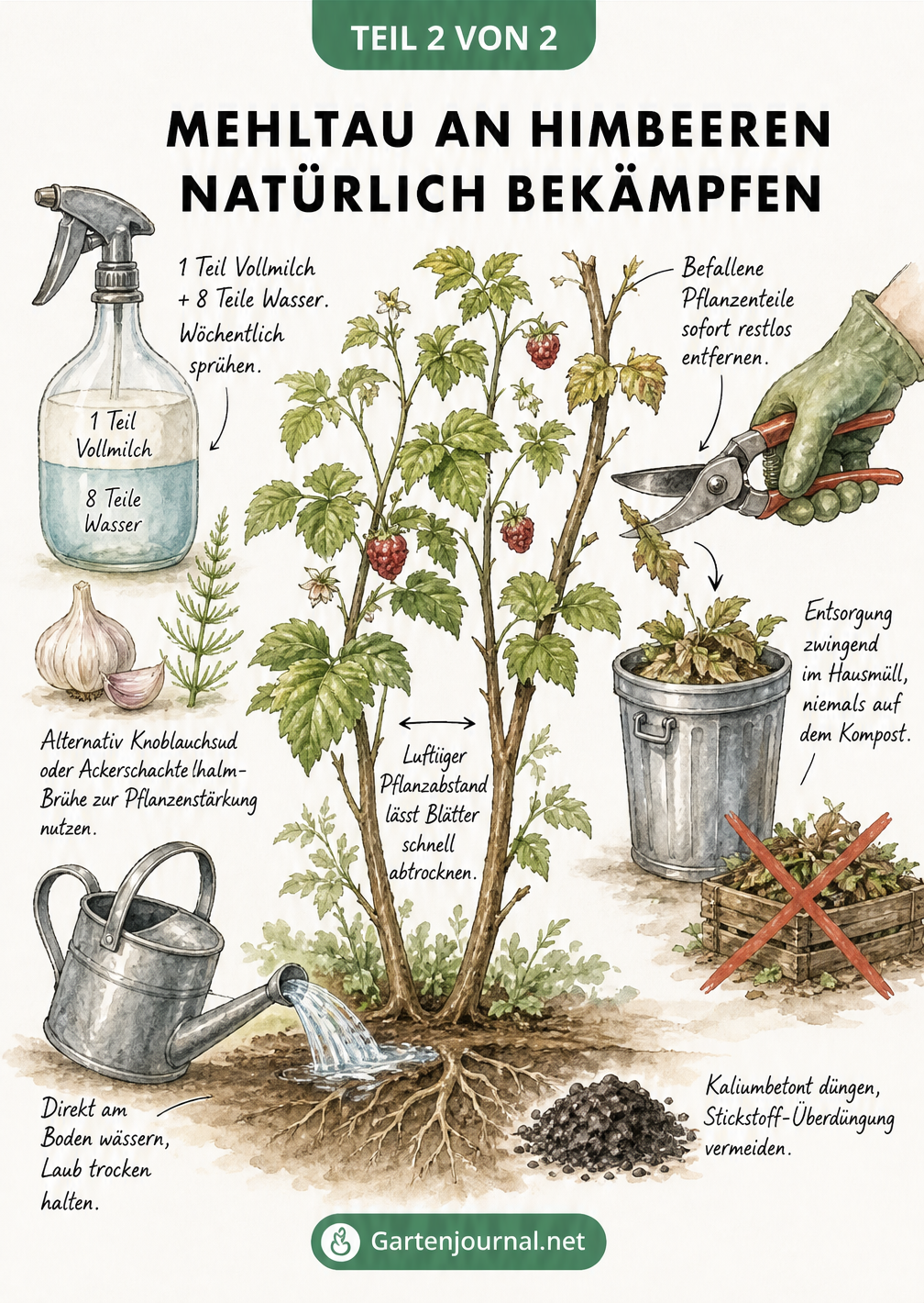 Aquarell-Zeichnung eines Himbeerstrauchs mit Tipps zu Gießen, Düngen, Schnitt und Hausmitteln gegen Mehltau