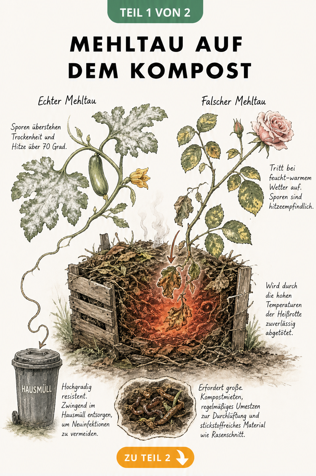 Botanische Illustration eines Komposthaufens mit Echten und Falschen Mehltau-Zweigen und Hinweisen zur Entsorgung