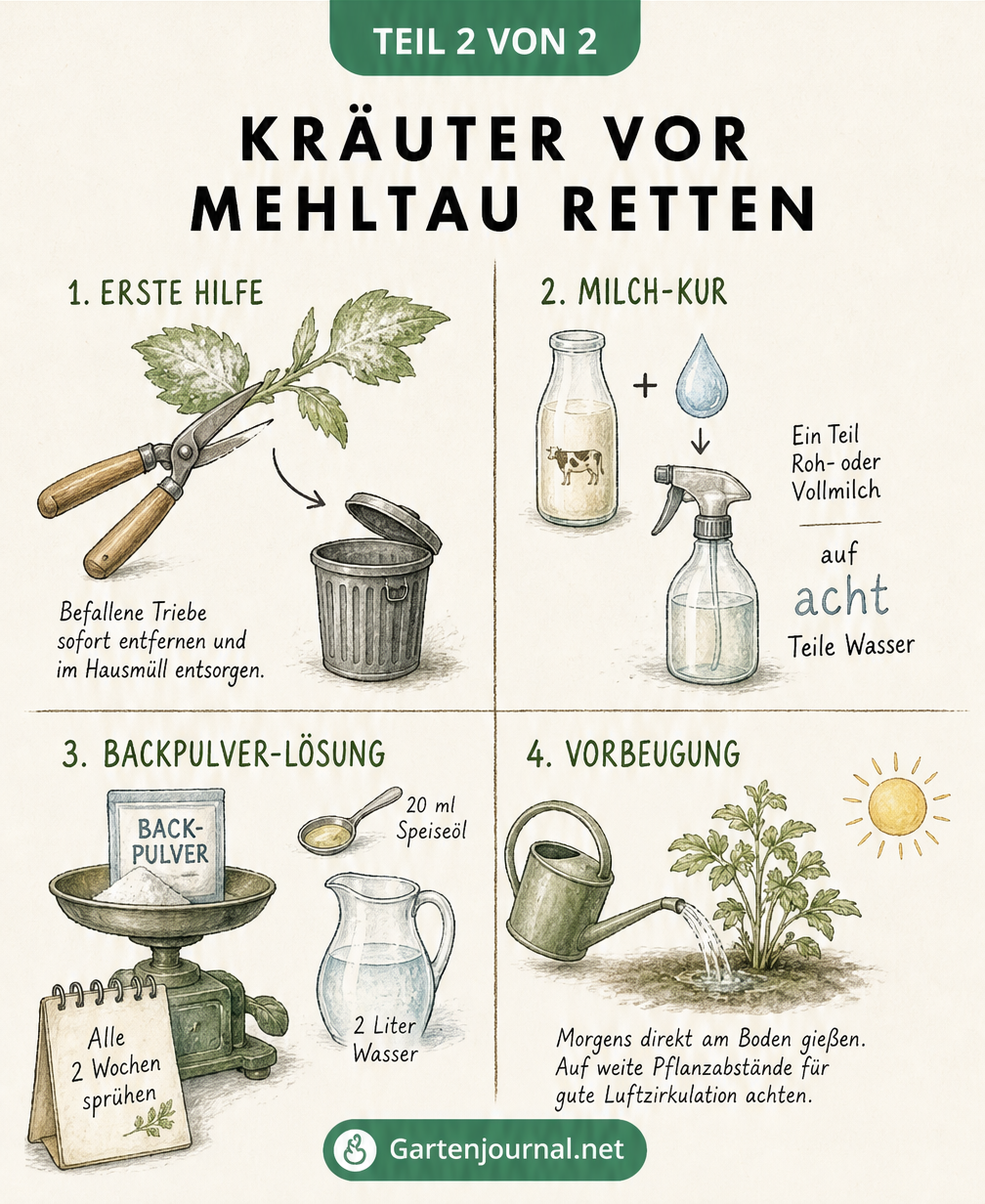 Illustration von Hausmitteln und Vorbeugung gegen Mehltau bei Kräutern wie Milch-Kur und Backpulver-Lösung