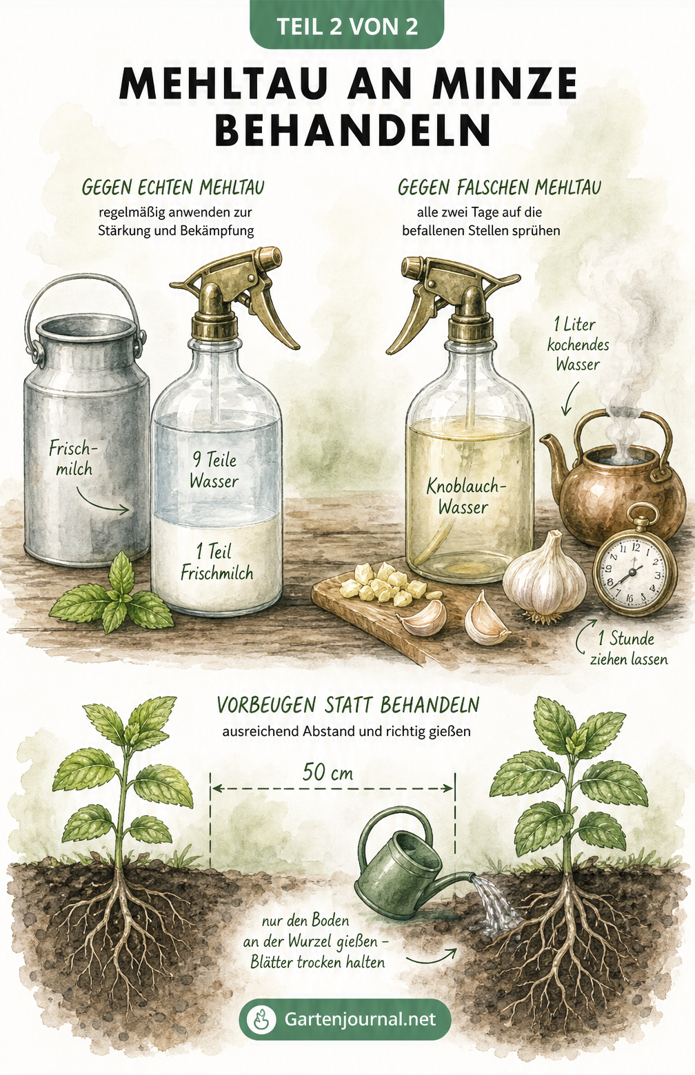 Illustration von Hausmitteln gegen Mehltau an Minze: Milch-Wasser-Mischung und Knoblauchsud sowie richtiger Pflanzabstand