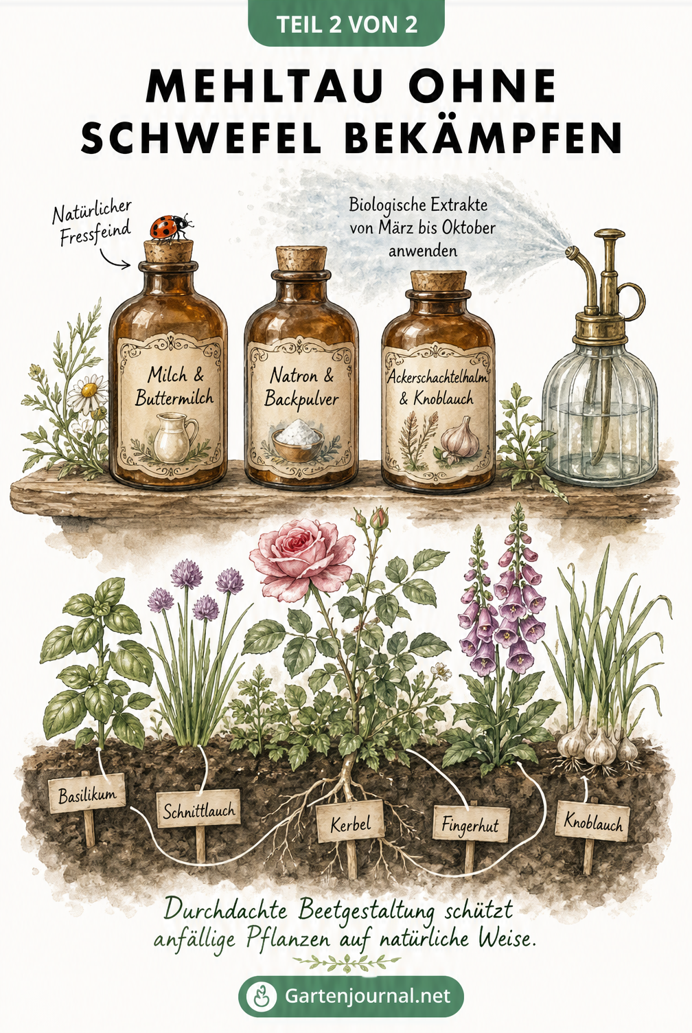 Aquarell-Illustration zeigt biologische Hausmittel und Beetgestaltung gegen Mehltau